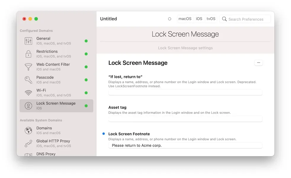 Profile Editor, Lock Screen Message preference group