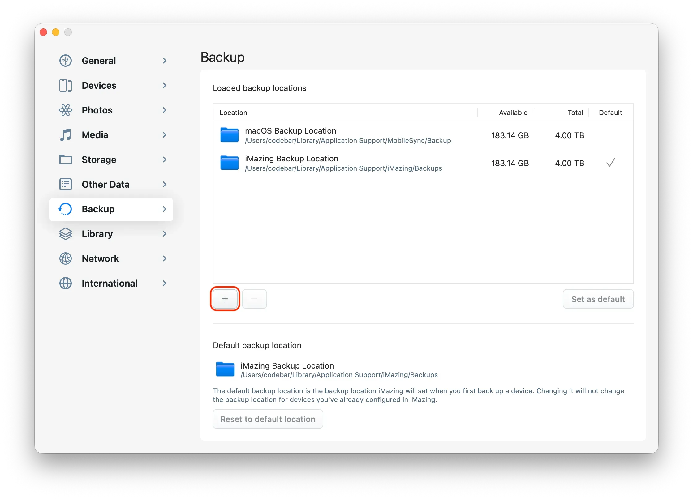 Add Backup Location in iMazing