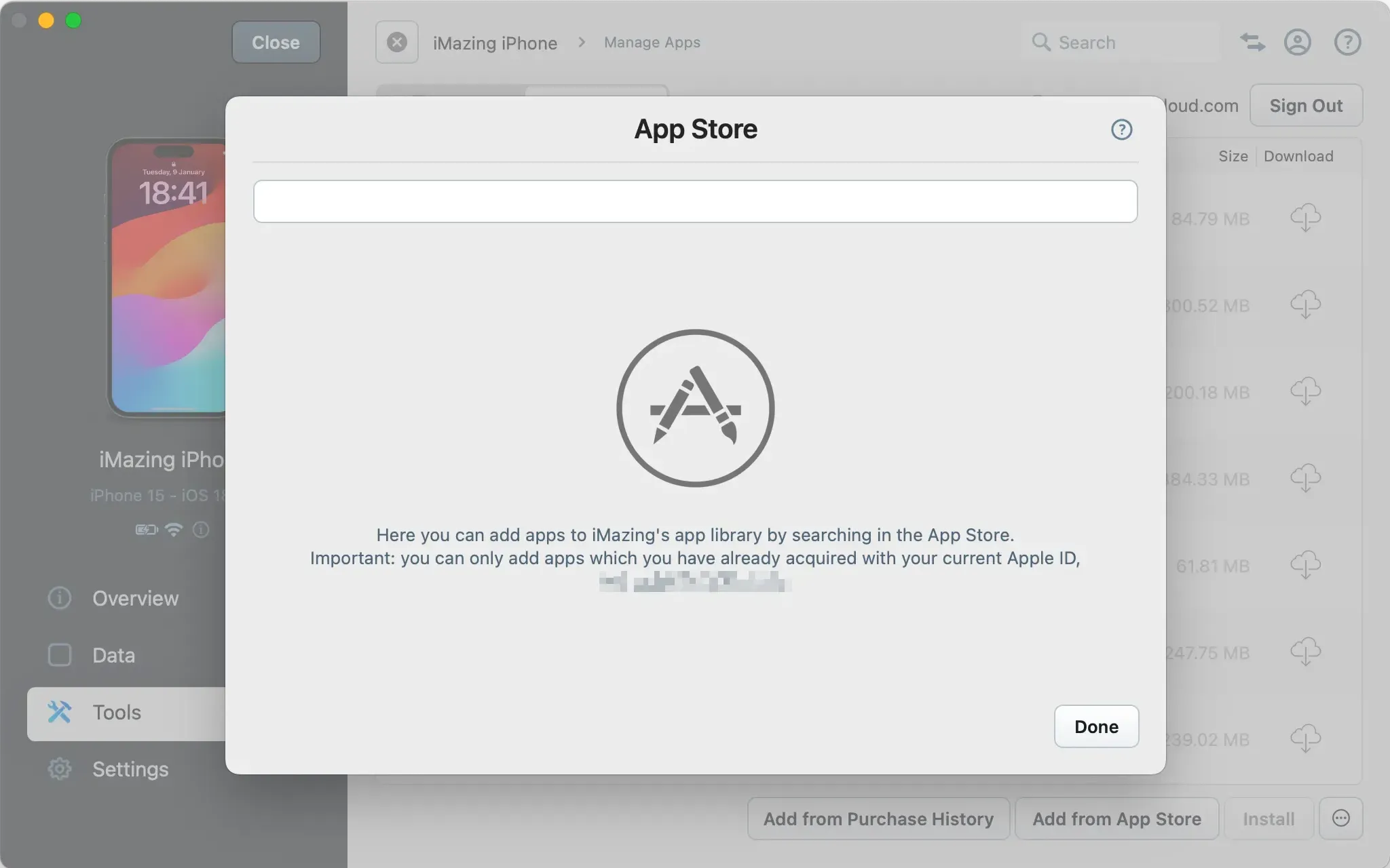 iMazing Manage Apps Search in App Store View