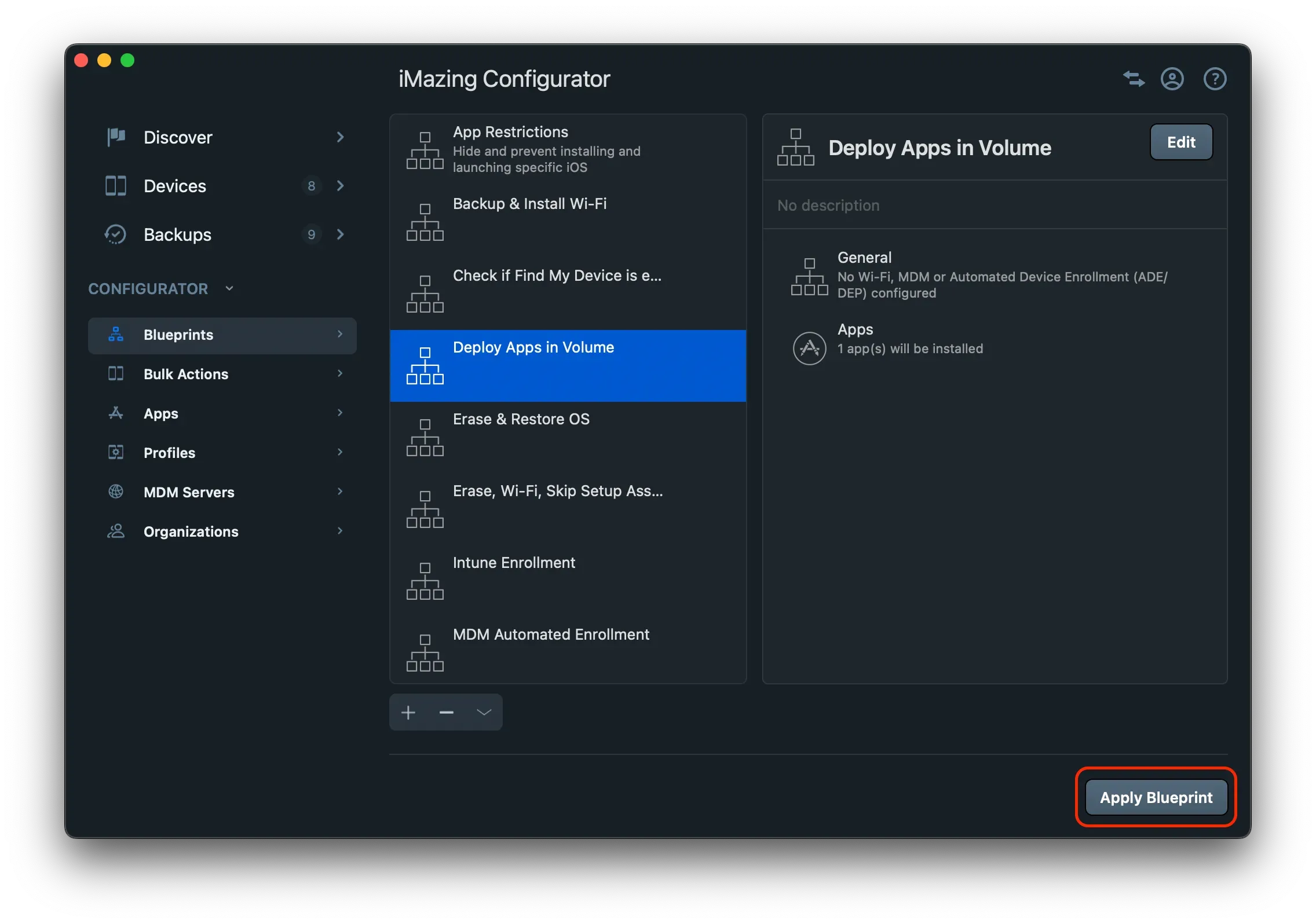 iMazing Configurator Apply Blueprint