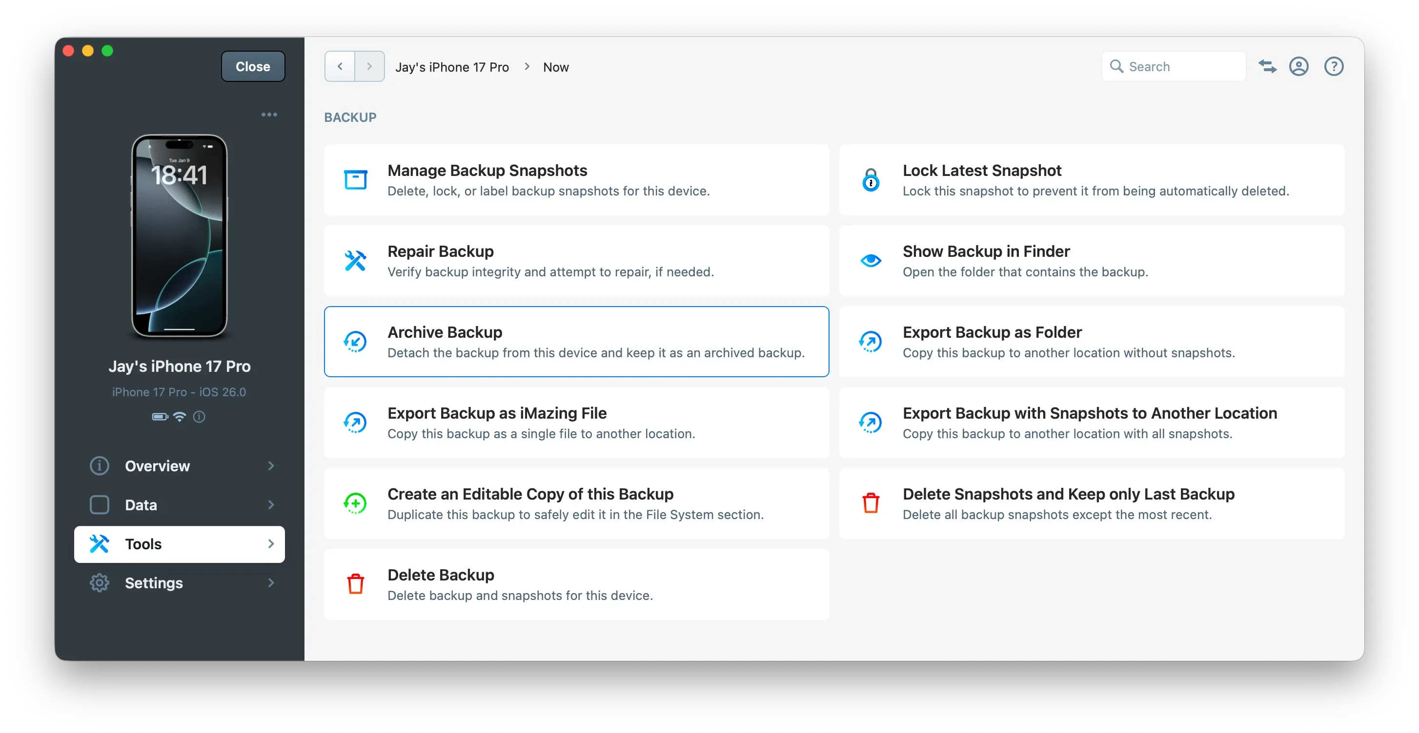 iMazing - Archive Backup Action