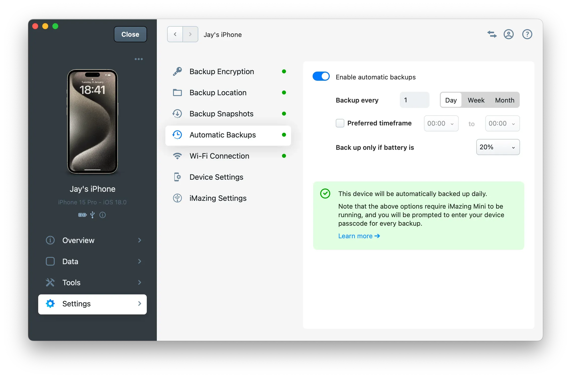 iMazing Device Settings - Automatic Backups Panel