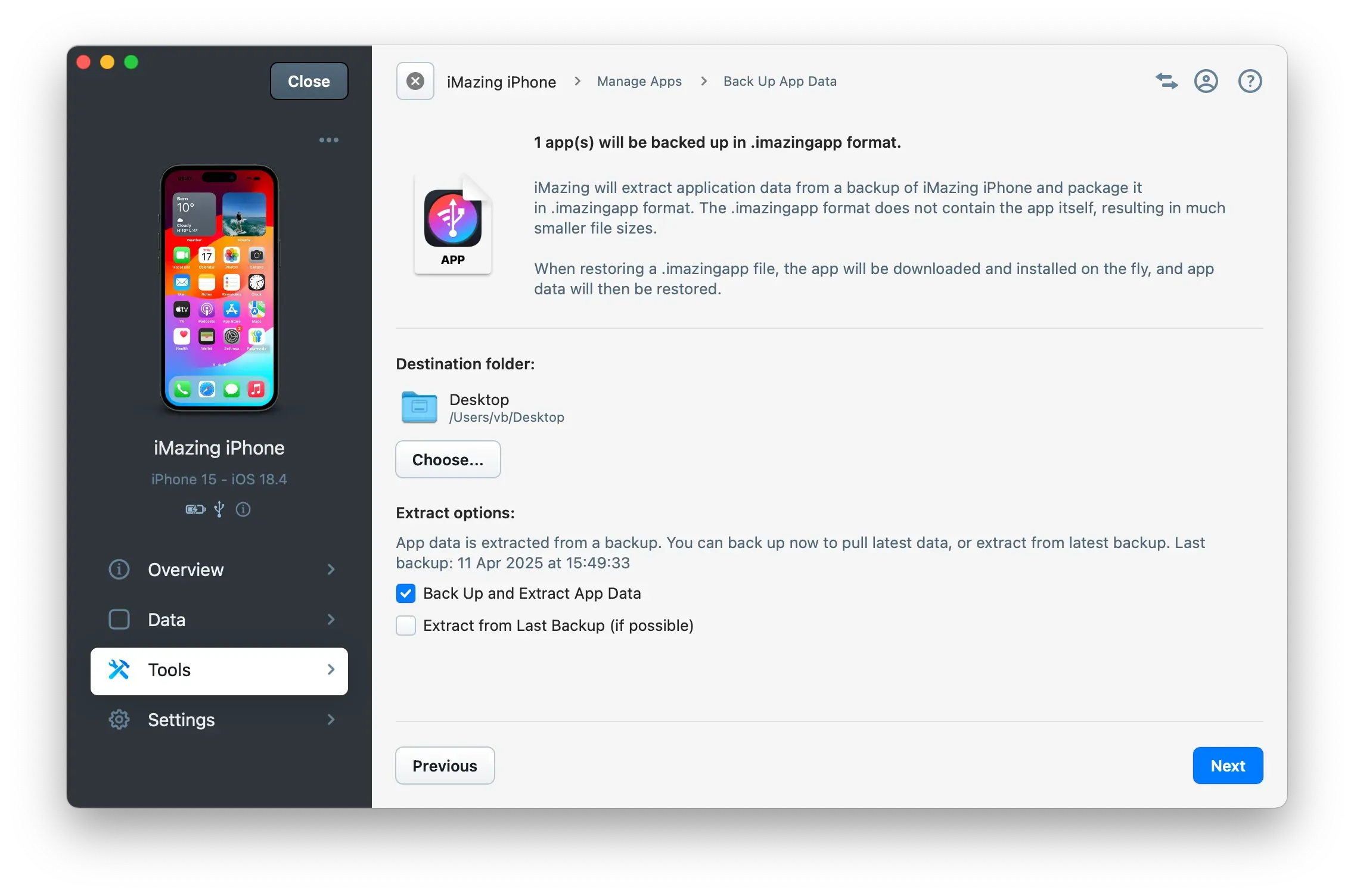 iMazing Extract App Data Screen