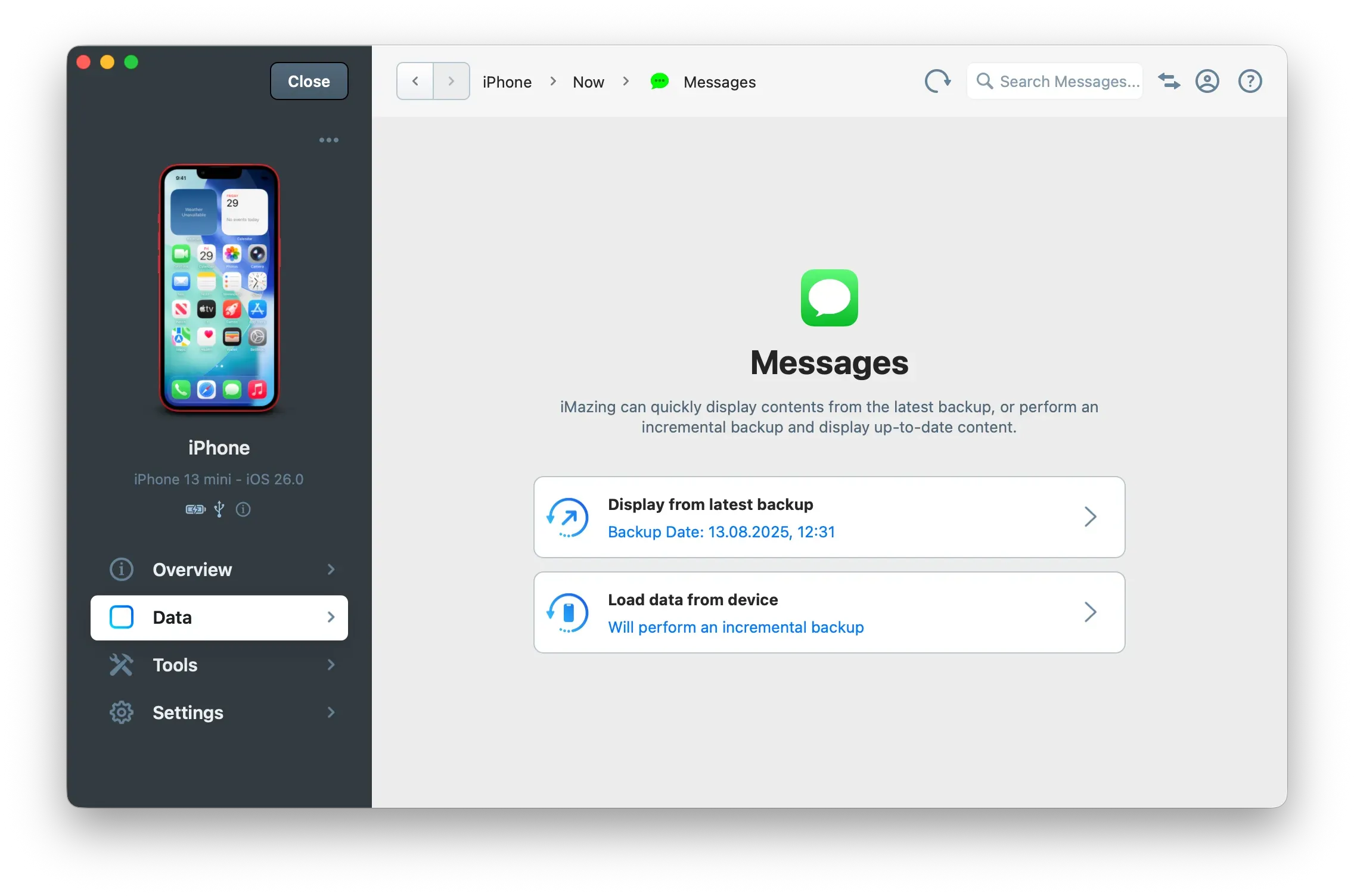 iMazing Load from latest backup vs. Load data from device