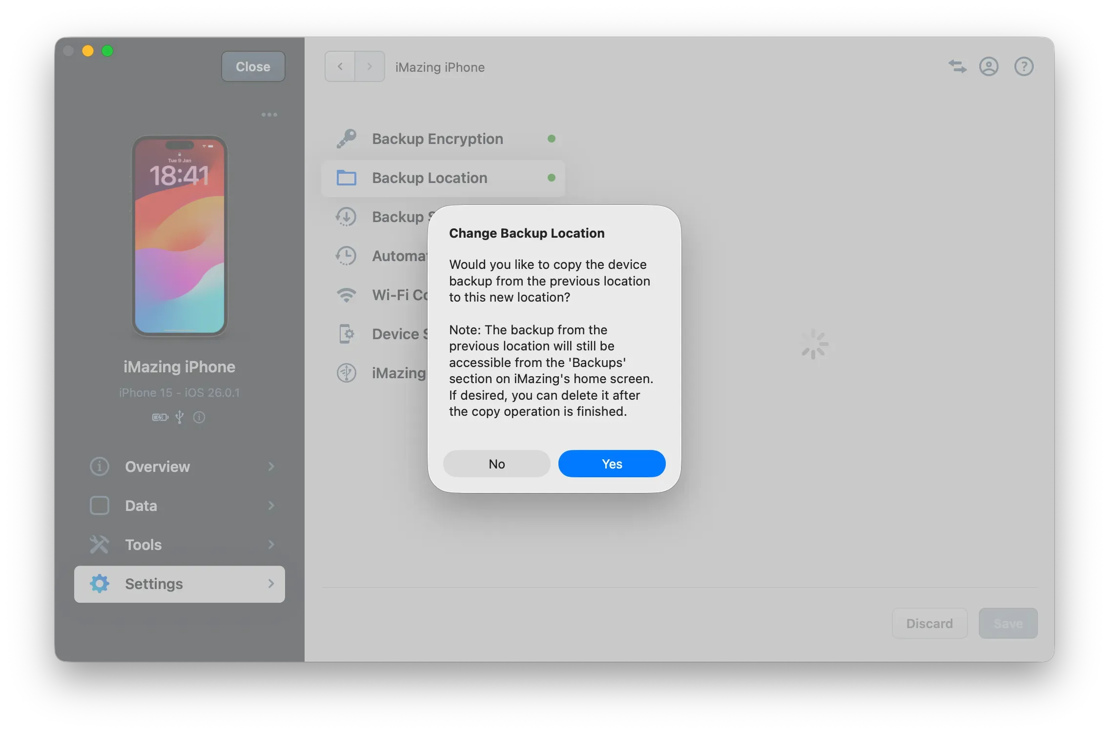 Dialog box: confirm copy existing backups in iMazing
