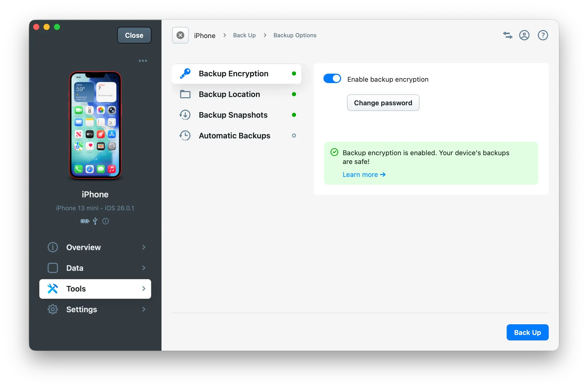 iMazing Backup Options shown before a Backup