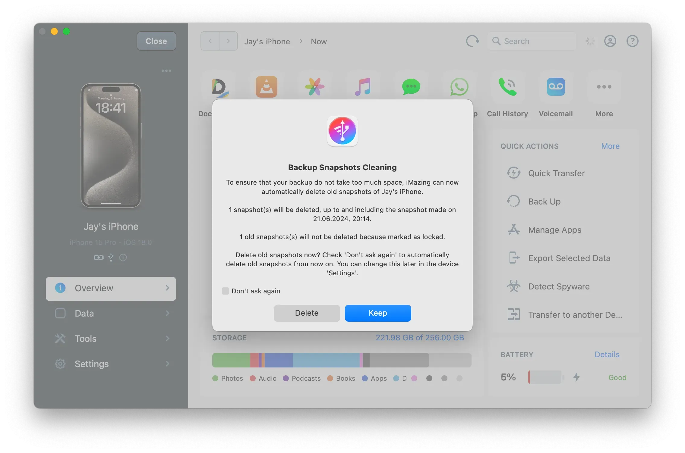 iMazing Backup Snapshots Cleaning Dialog