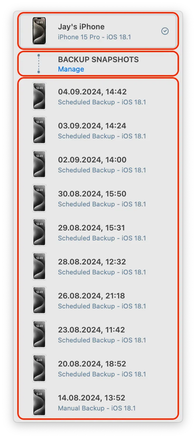 iMazing Snapshot List