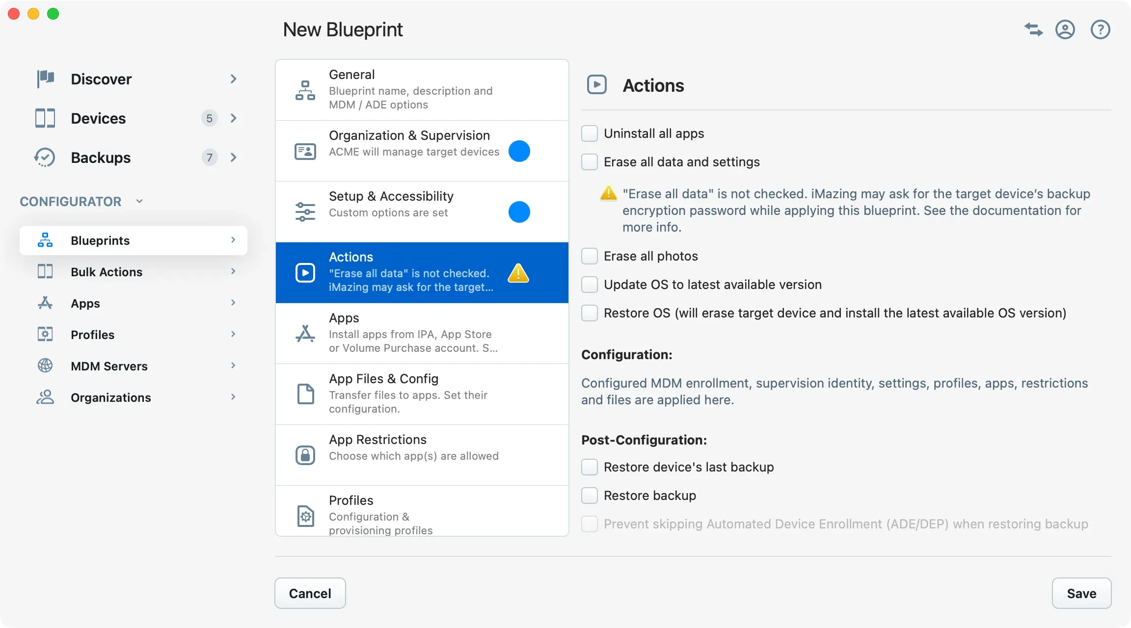 iMazing Configurator, Blueprint Editor Actions Section