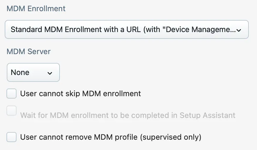 iMazing Configurator, Blueprint Editor General Section, Manual MDM Enrollment Options