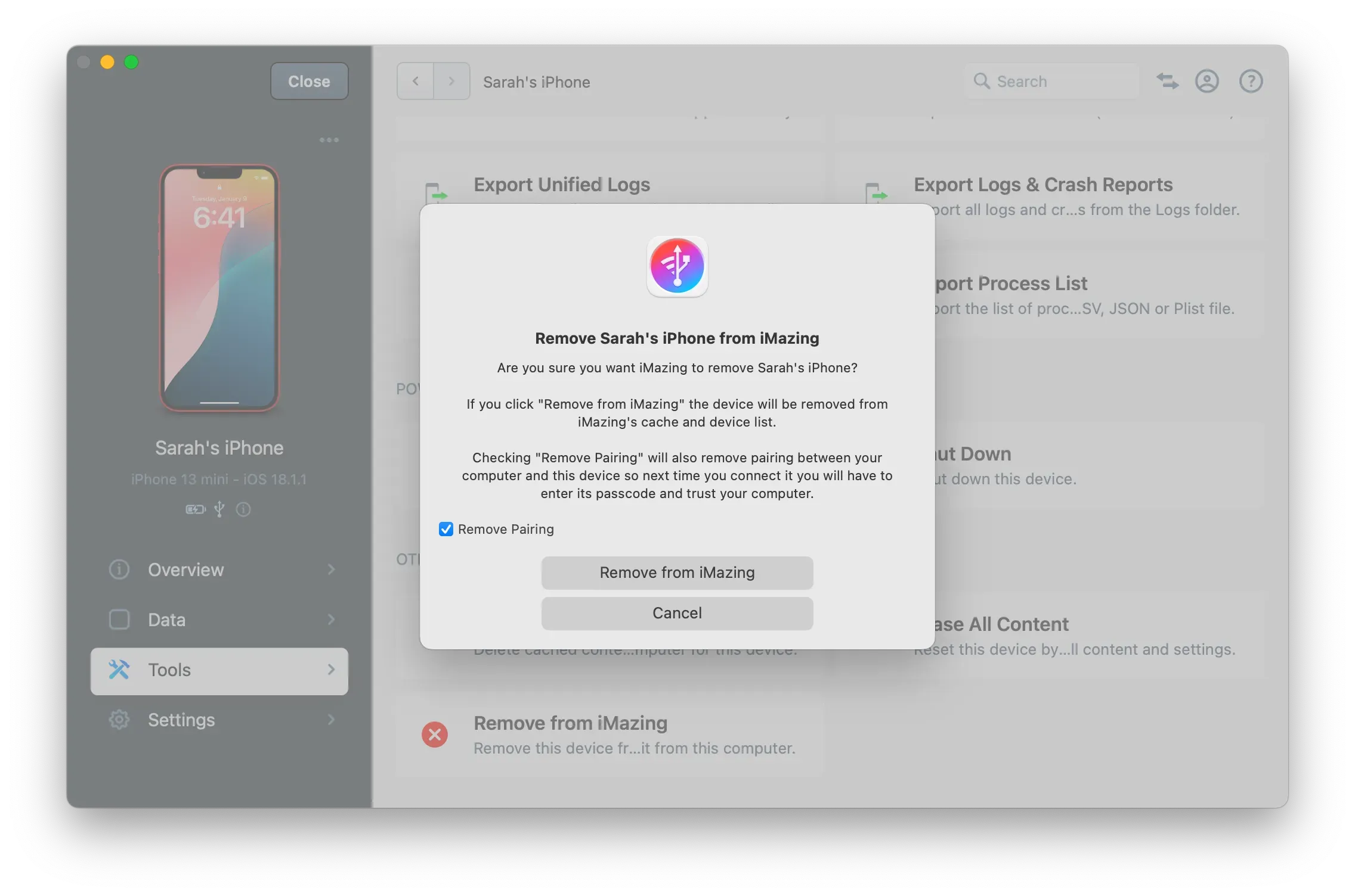 iMazing's Remove Device from iMazing dialog box