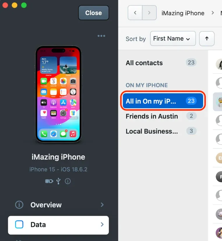 iMazing's Contacts view with 'On my iPhone' selected