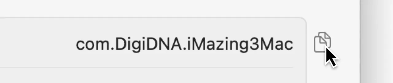 A mouse cursor hovering over the copy button next to the bundle ID row in an App Inspector window