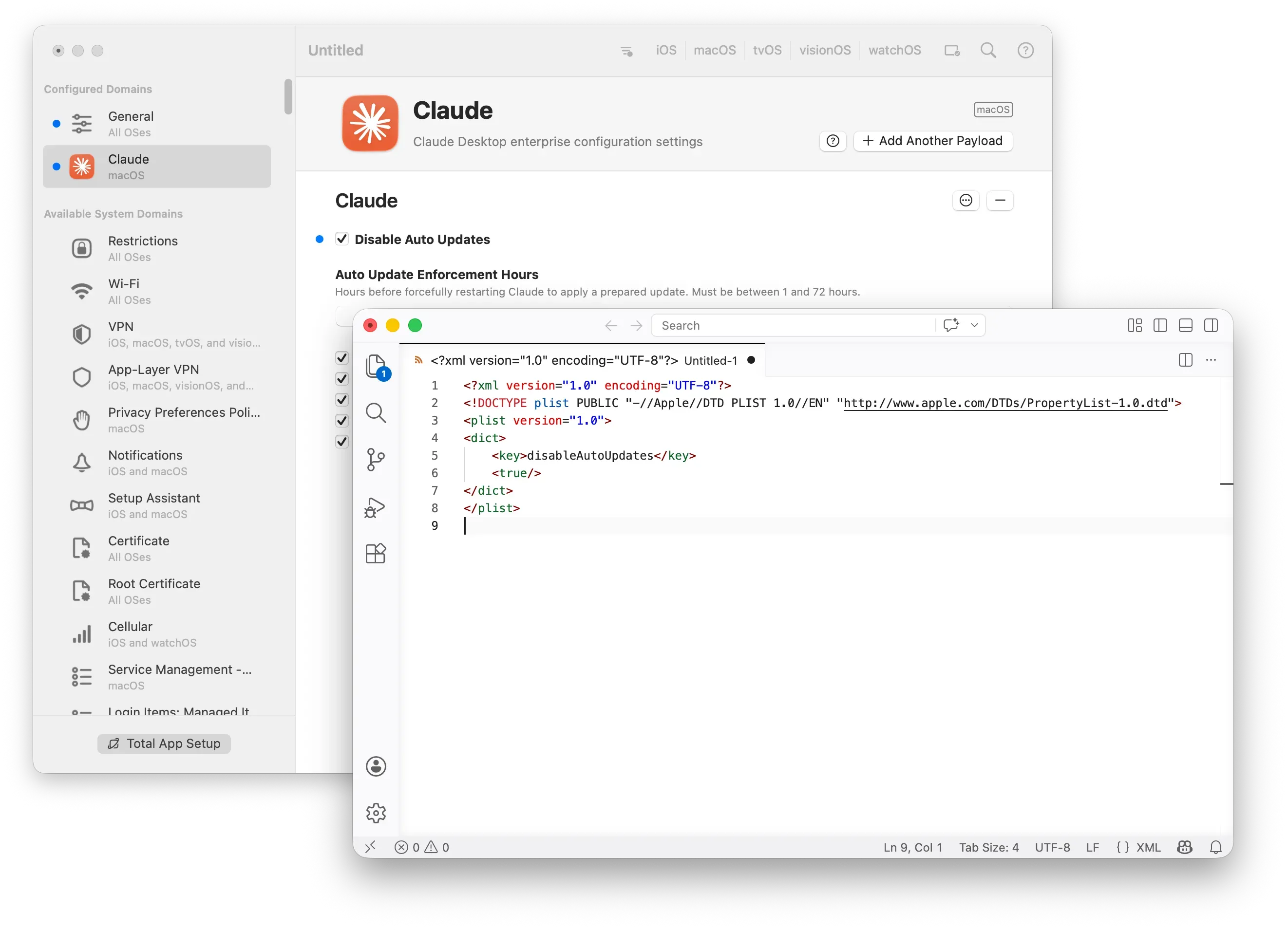 Screenshot of iMazing Profile Editor showing a Claude Desktop enterprise configuration profile alongside a text editor. The Profile Editor displays a payload with the 'Disable Auto Updates' setting enabled. Overlapping it, a text editor shows the same payload as raw XML plist code, illustrating copy-paste interoperability between the two applications.