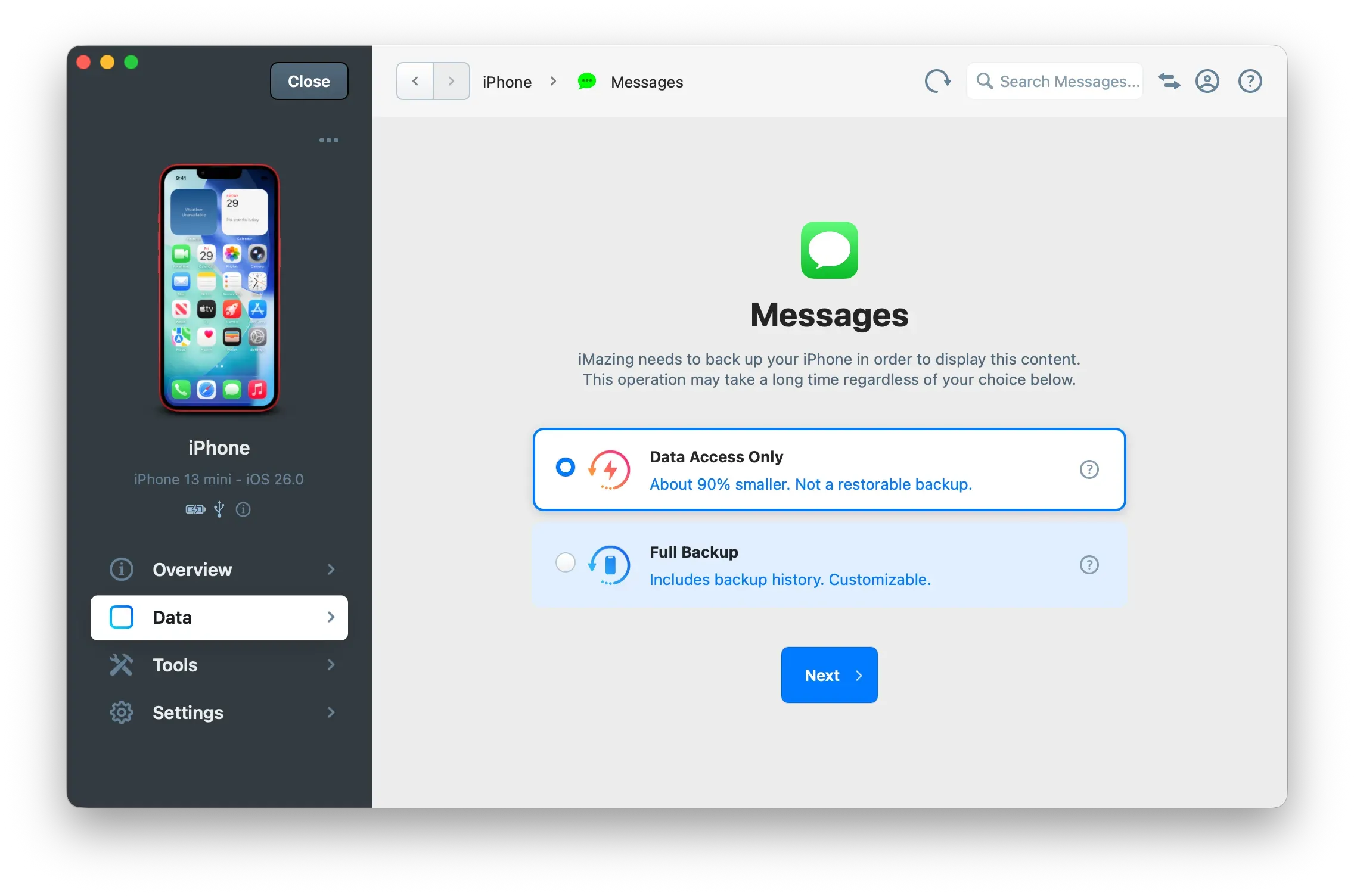 iMazing Data Access Only vs. Full Backup Screen