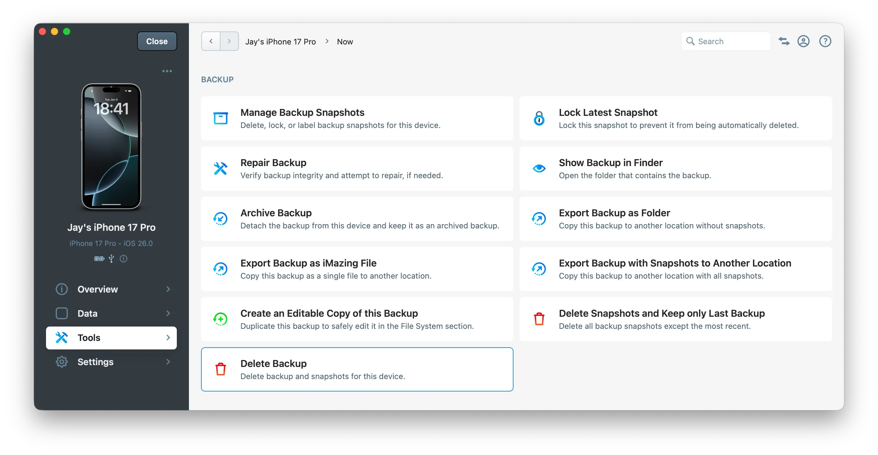iMazing - Delete Backup Action