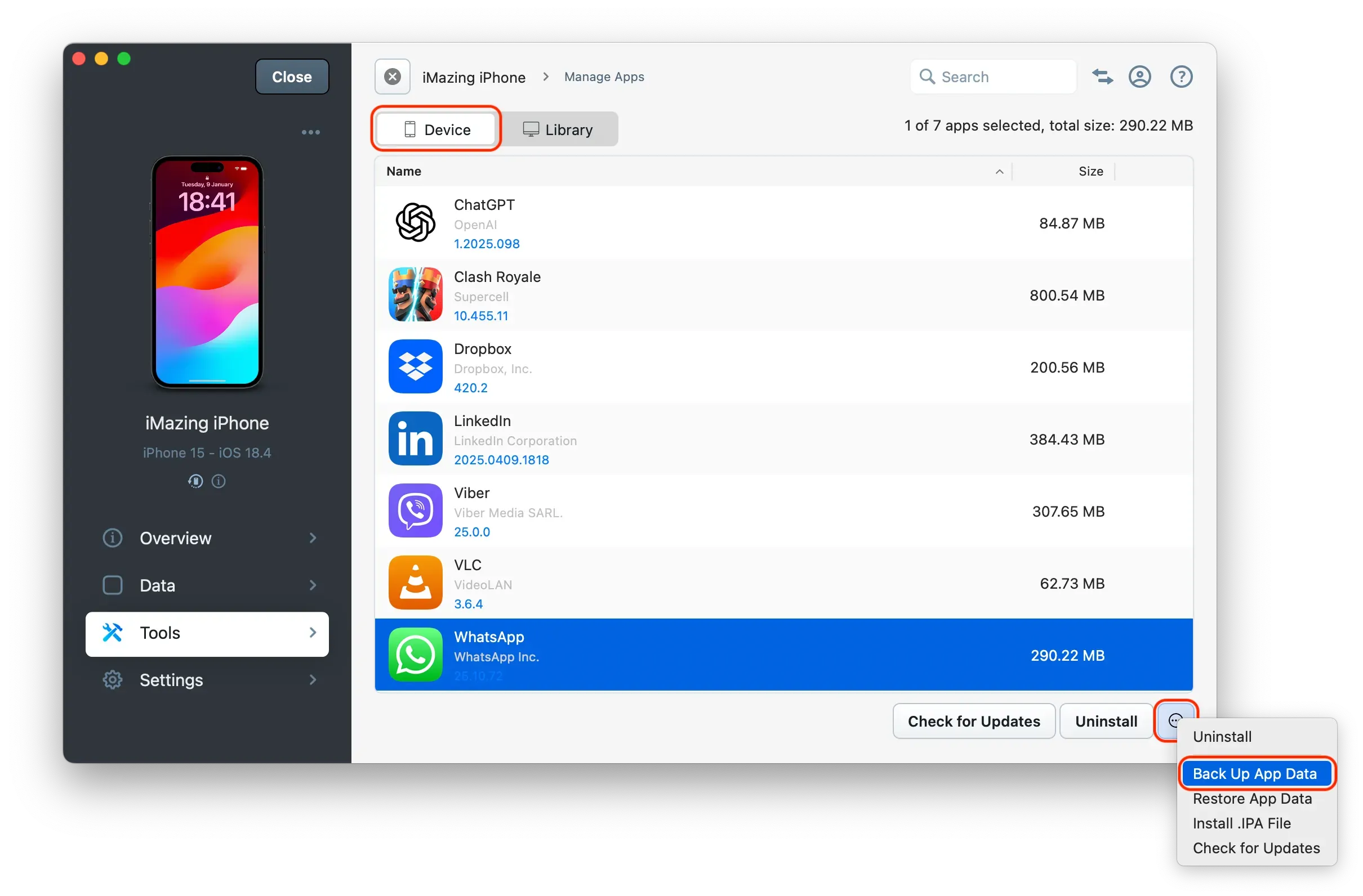 iMazing Manage Apps Screen, Device Tab, WhatsApp Selected