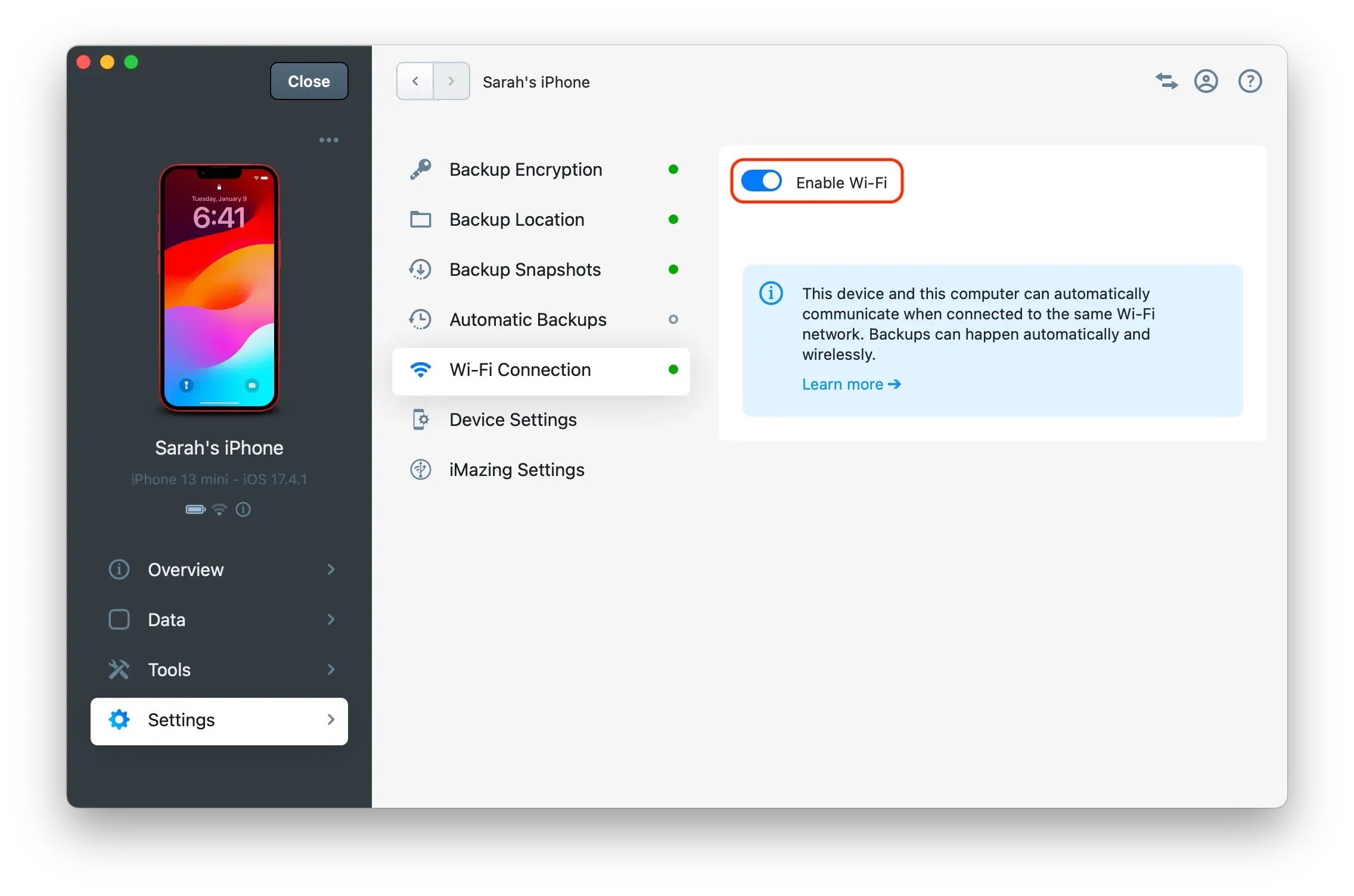 iMazing Device Settings - Wi-Fi Connection