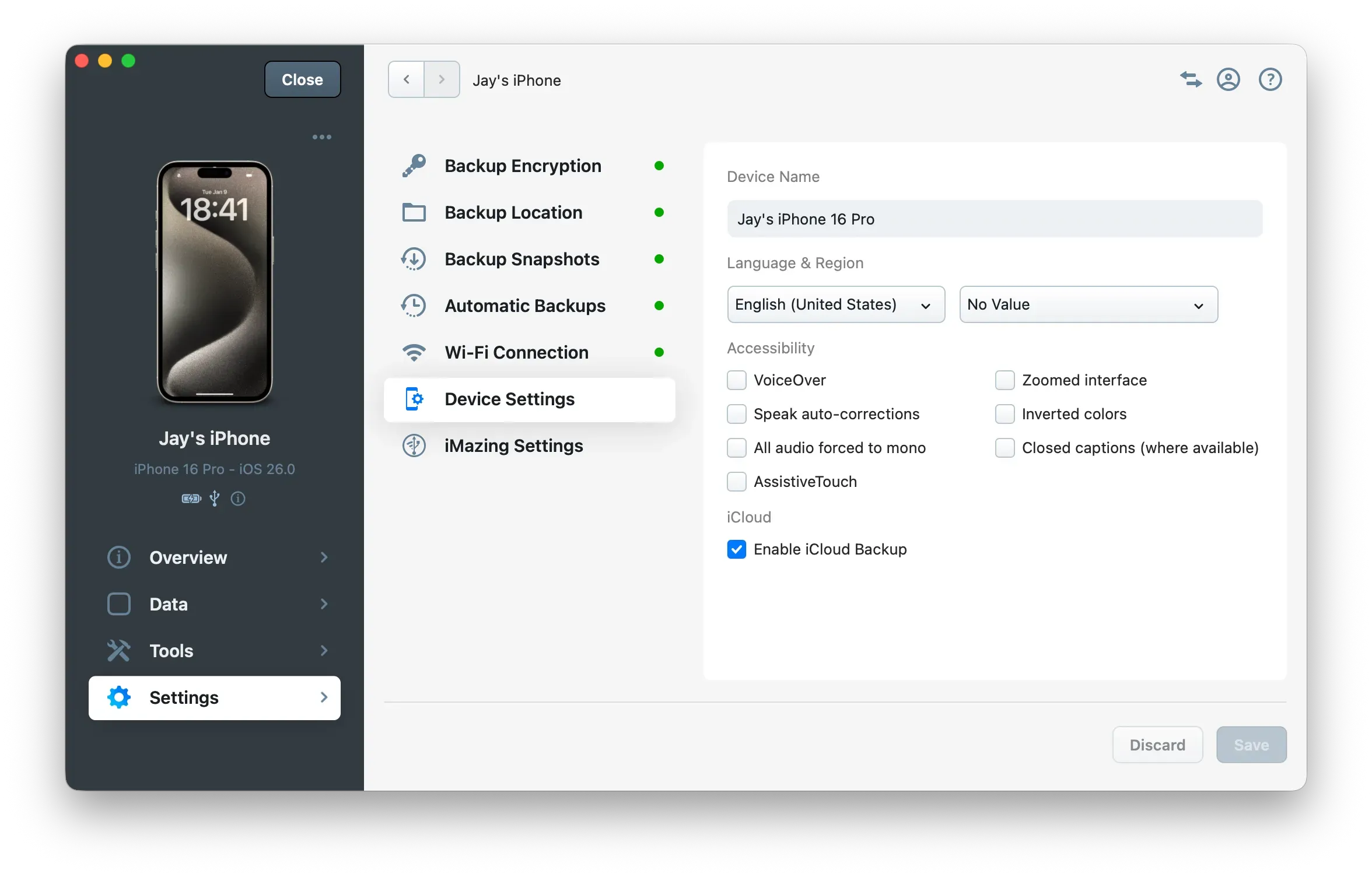 iMazing Device Settings - Device Settings Panel