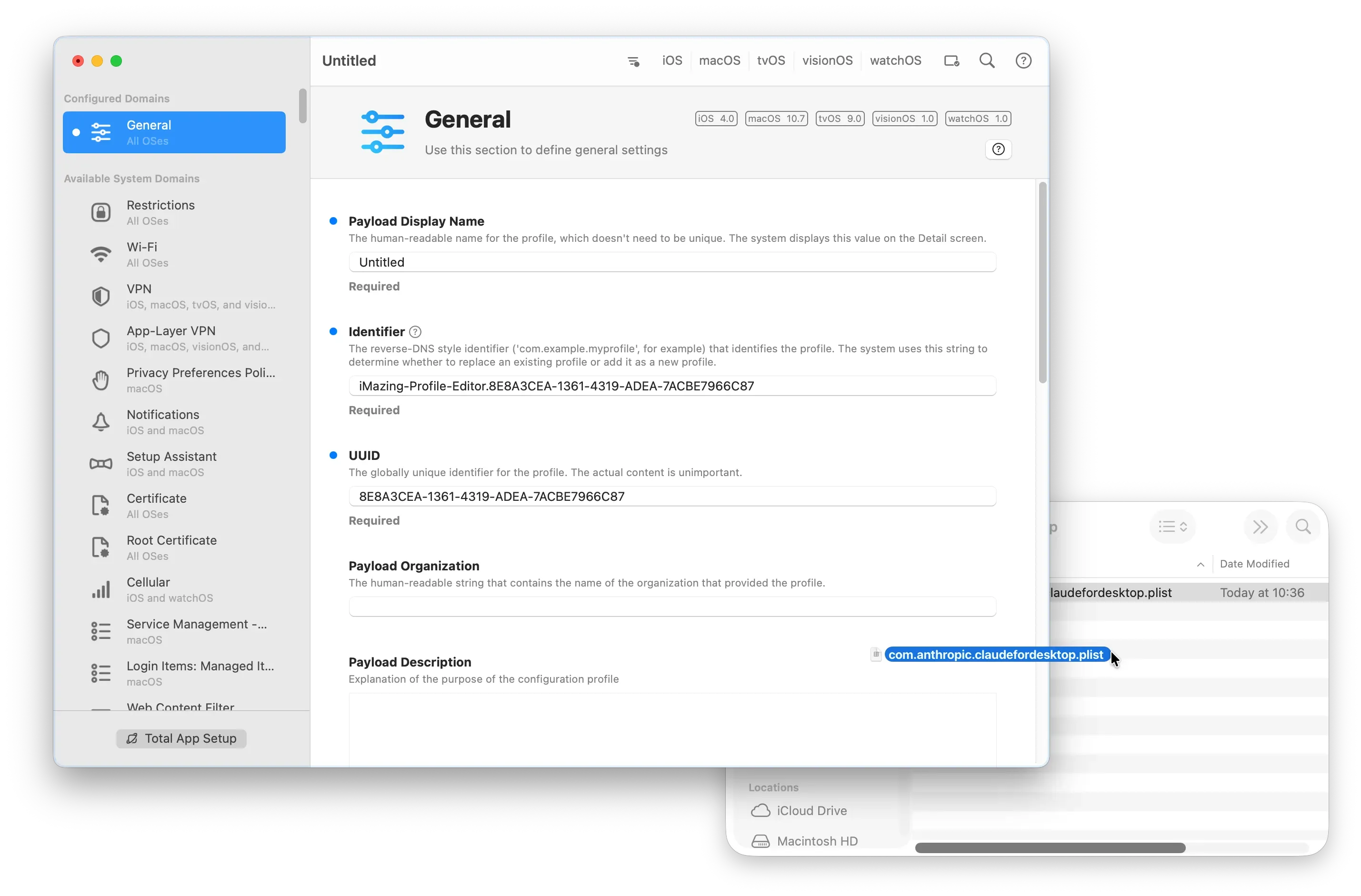 Screenshot of iMazing Profile Editor showing a General payload with the Identifier field highlighted. A plist file named 'com.anthropic.claudefordesktop.plist' is being dragged in from a Finder window visible in the background, illustrating drag and drop from Finder into the profile editor.