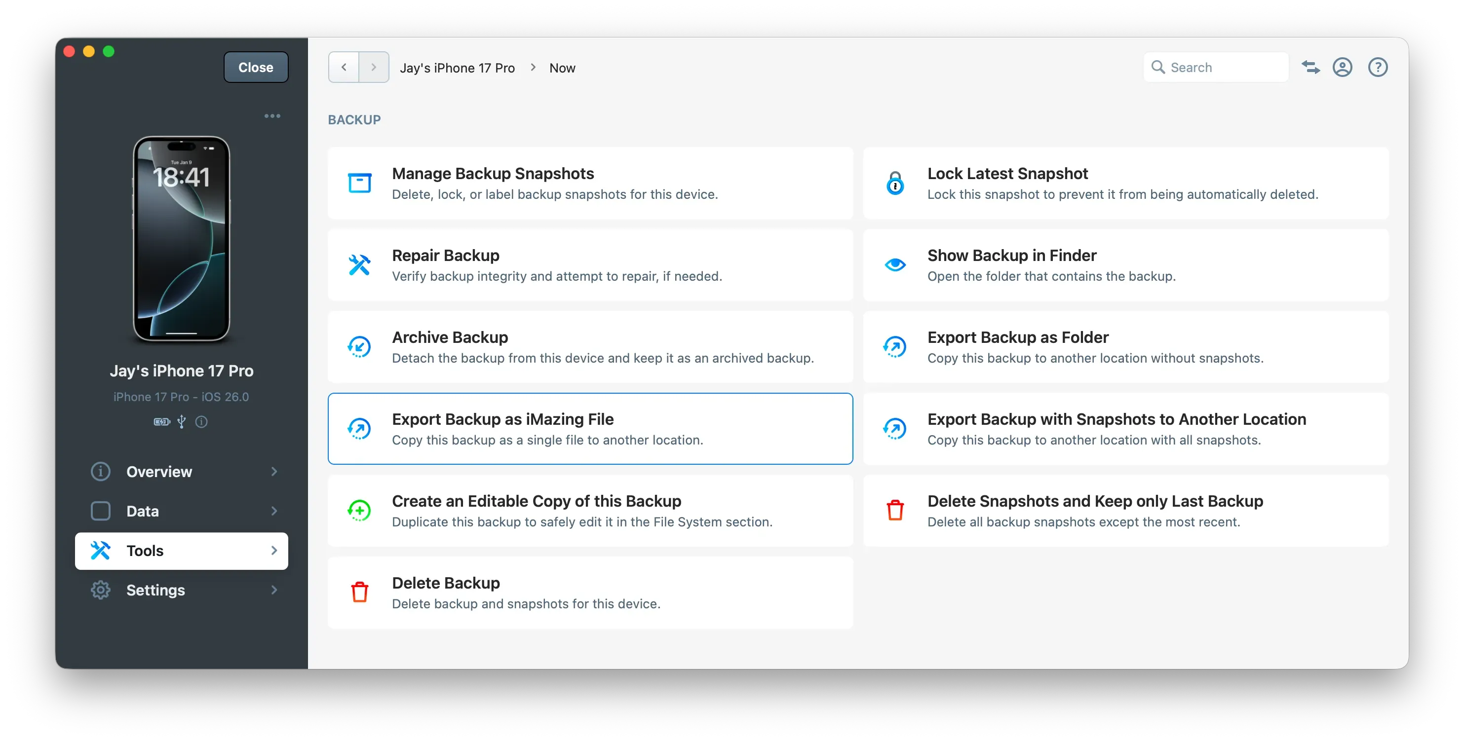 iMazing Export Backup as iMazing File Action