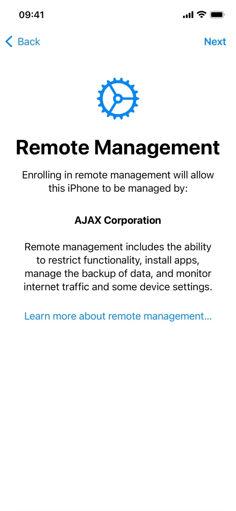 Device / Remote Management window in iOS