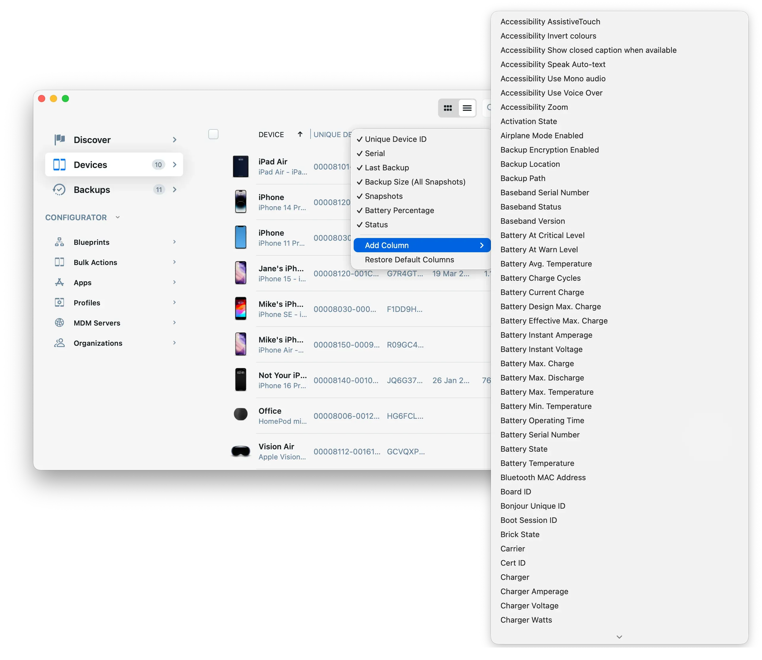 iMazing 3.5.2's new column customization feature