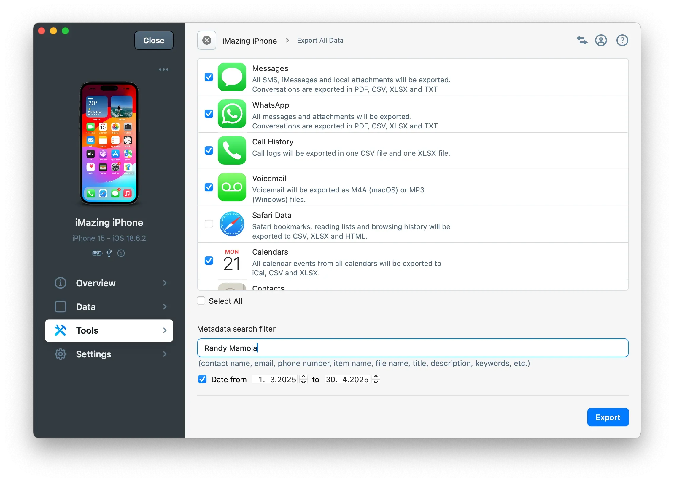iMazing's all new filters in the Export Data Tool