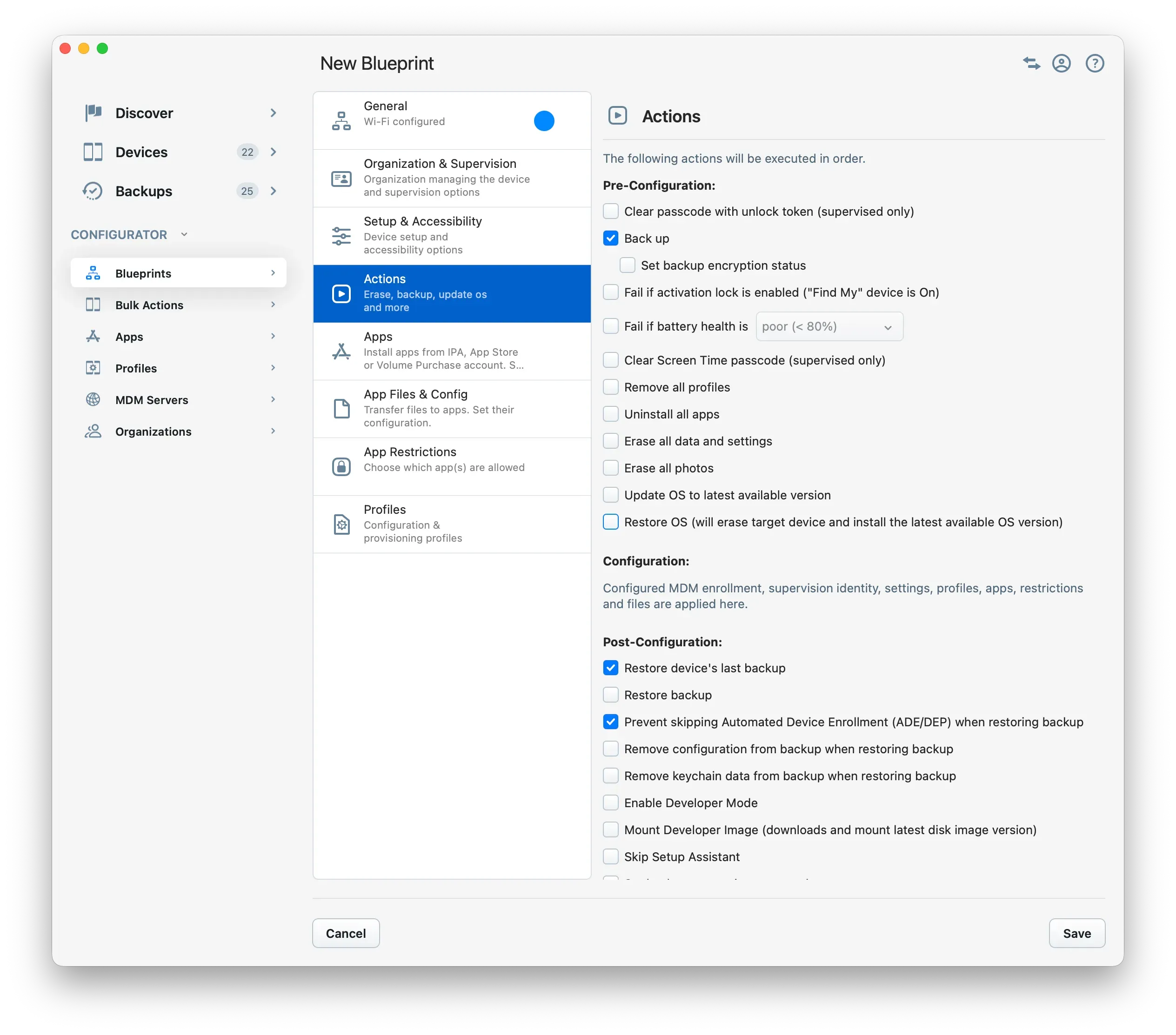 Blueprint Actions tab with Back up and Restore device's last backup enabled