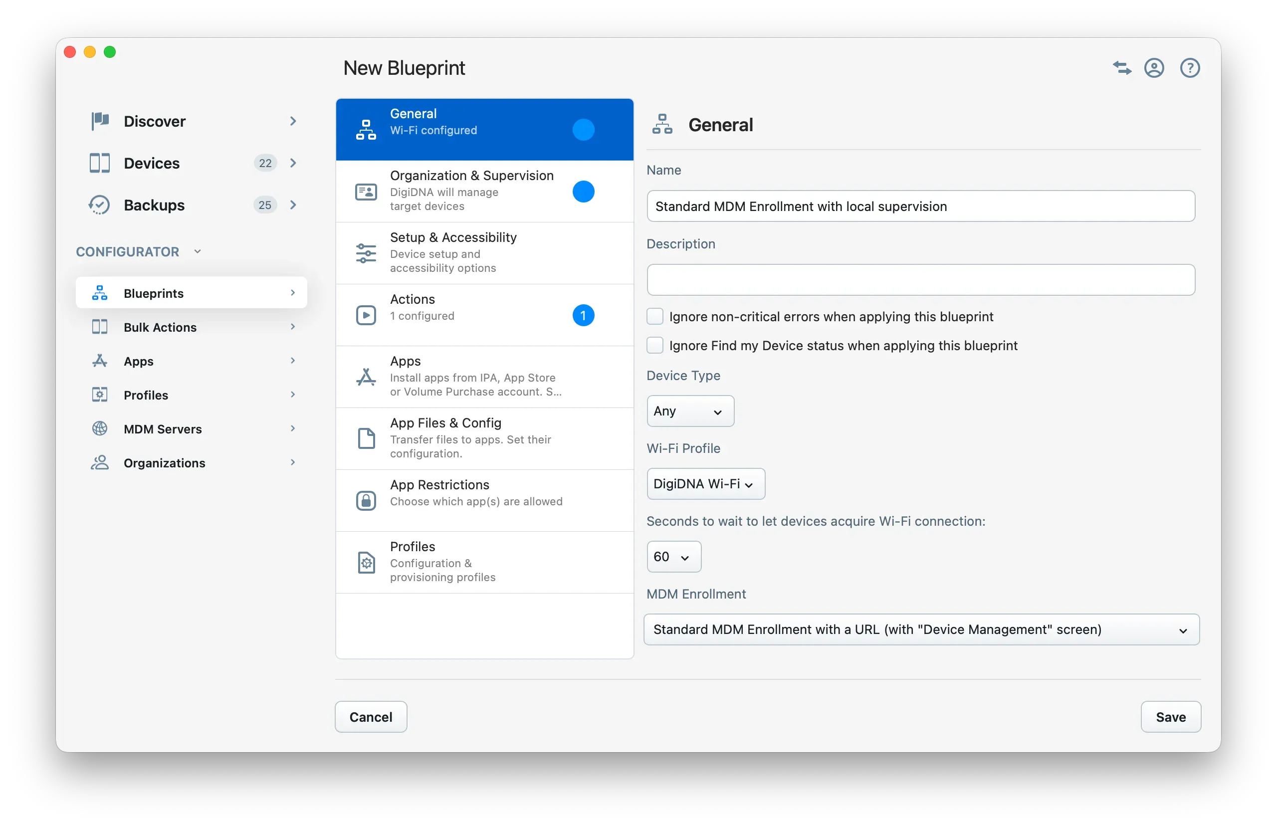 New Blueprint General tab with Standard MDM Enrollment with a URL selected