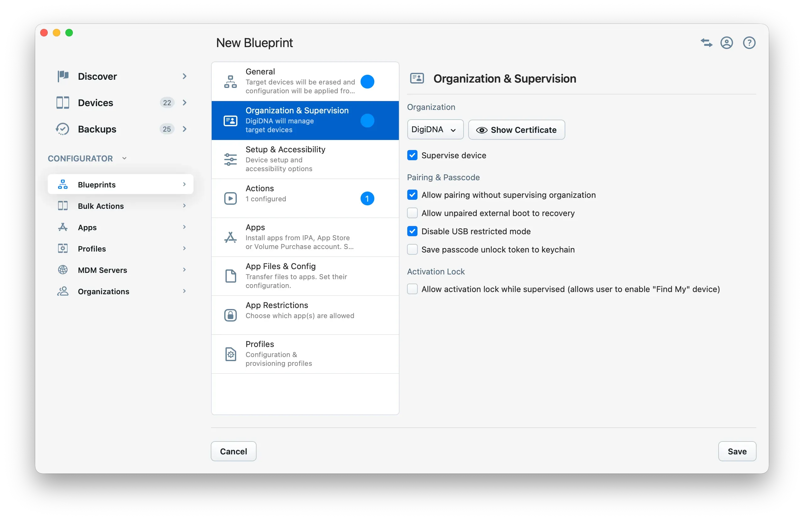 Blueprint Organization and Supervision tab with Supervise device enabled