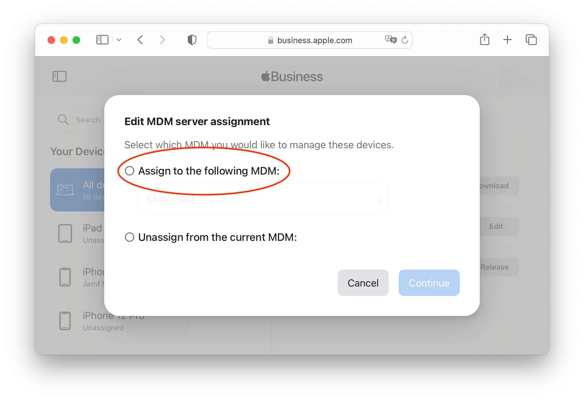 Unassign the MDM in ABM 