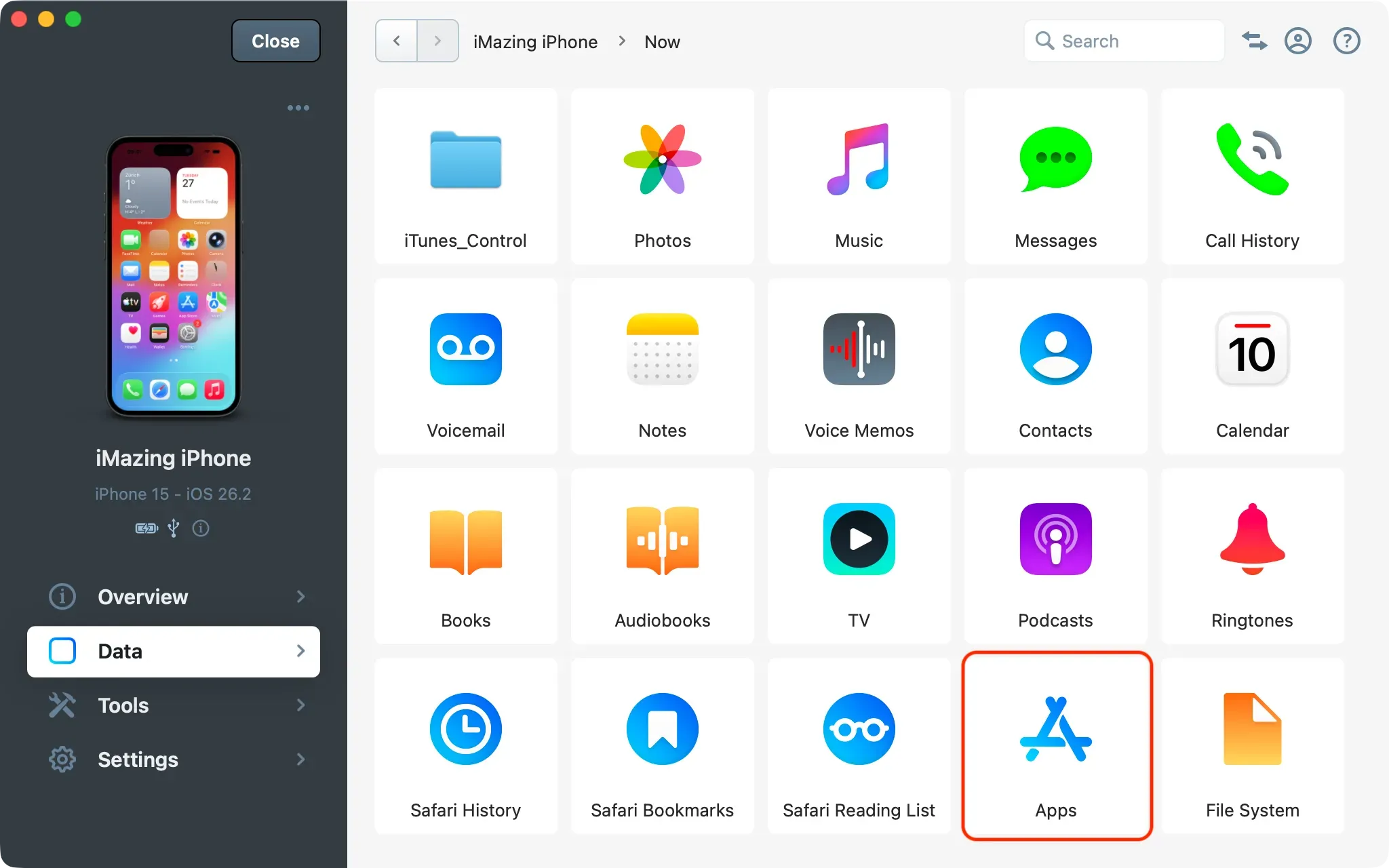 iMazing Data section with Apps tile highlighted