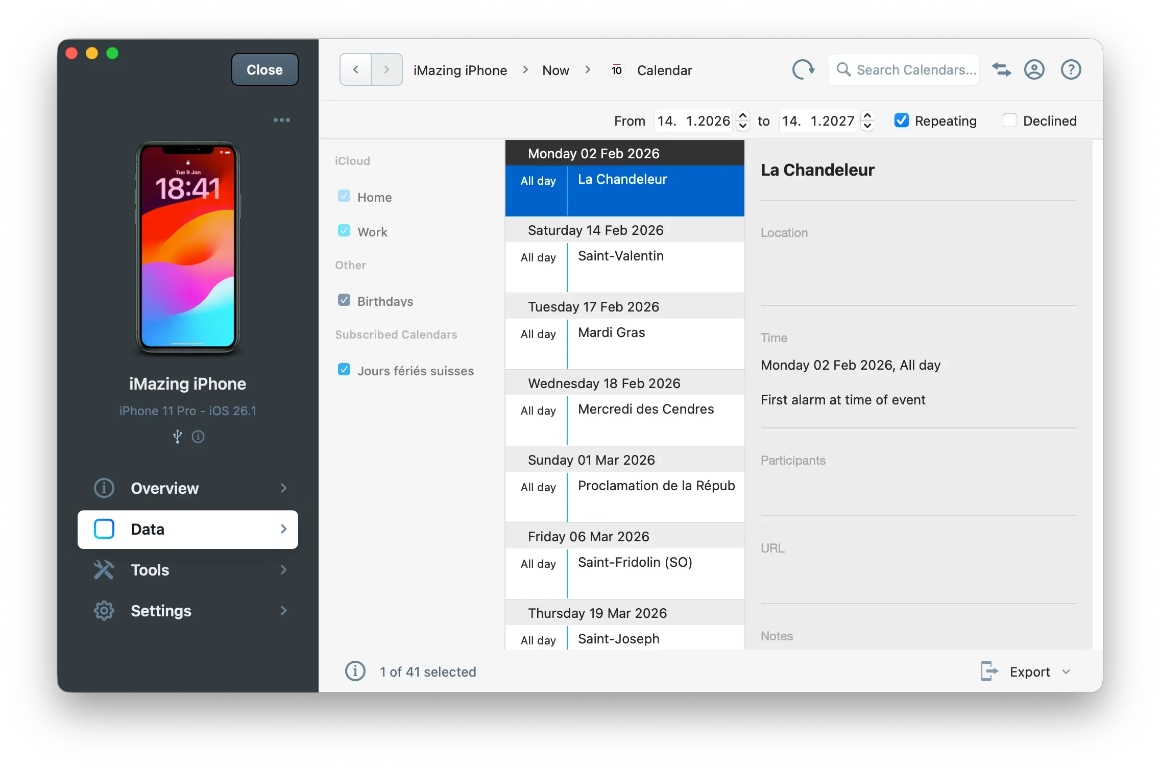 iMazing Calendar view