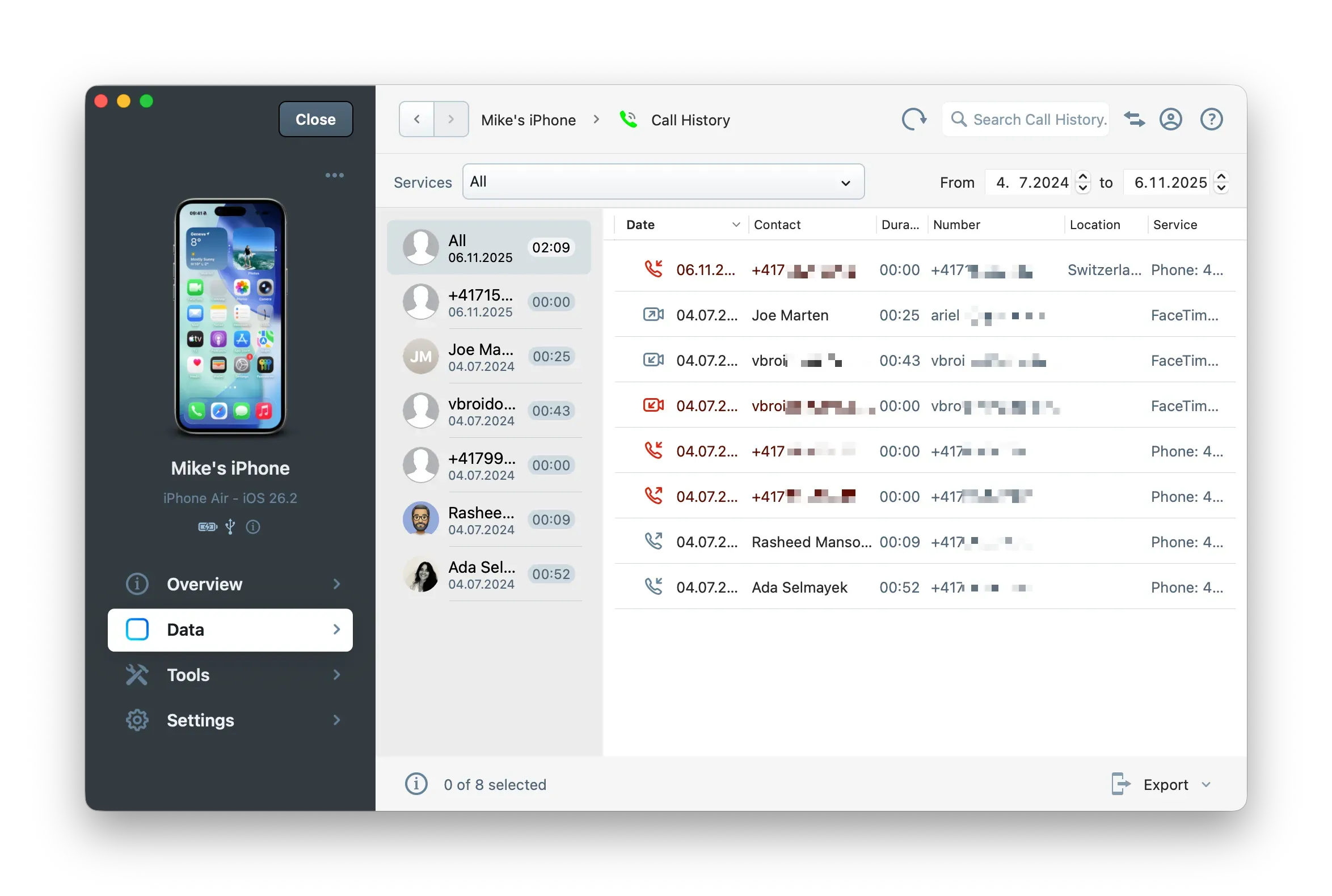 iMazing Call History display