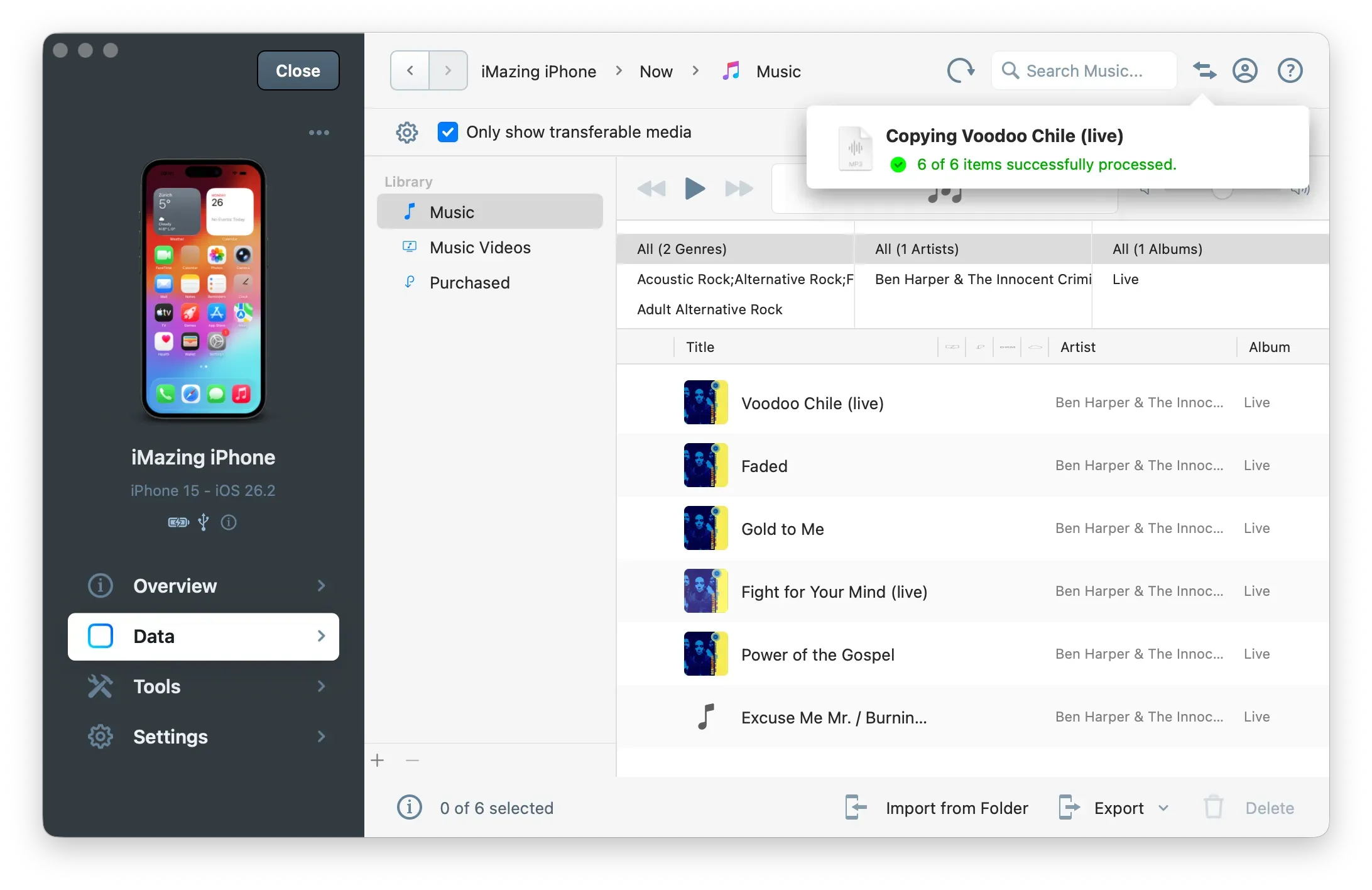 iMazing successful music importation