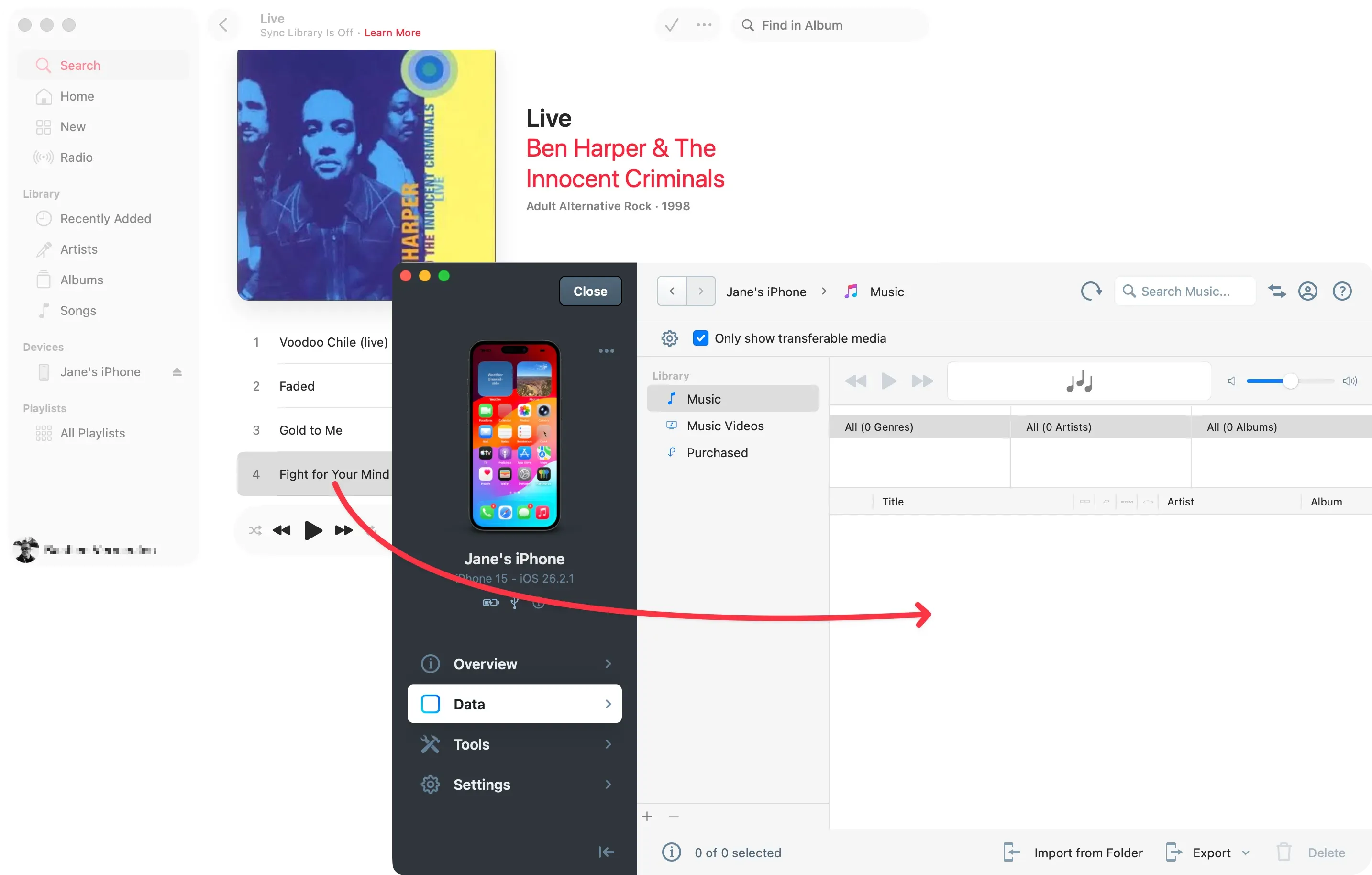 Drag and drop audio files from the Music app to iMazing.