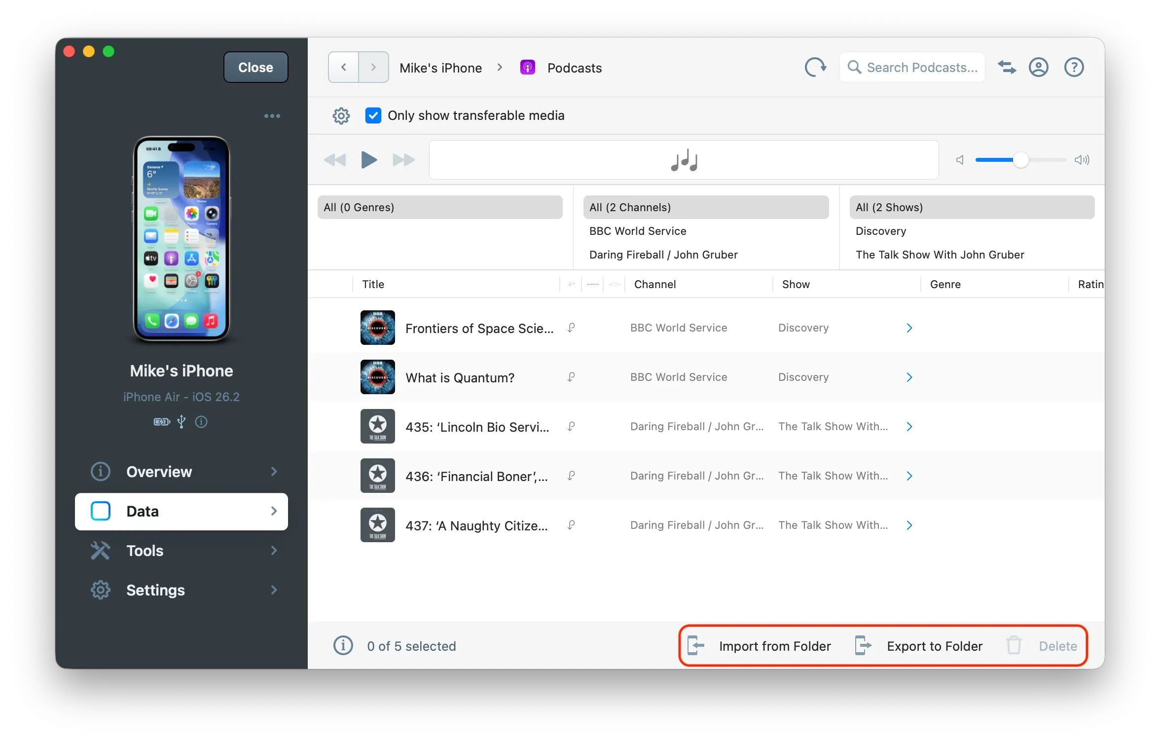 iMazing Podcast section with actions button highlighted