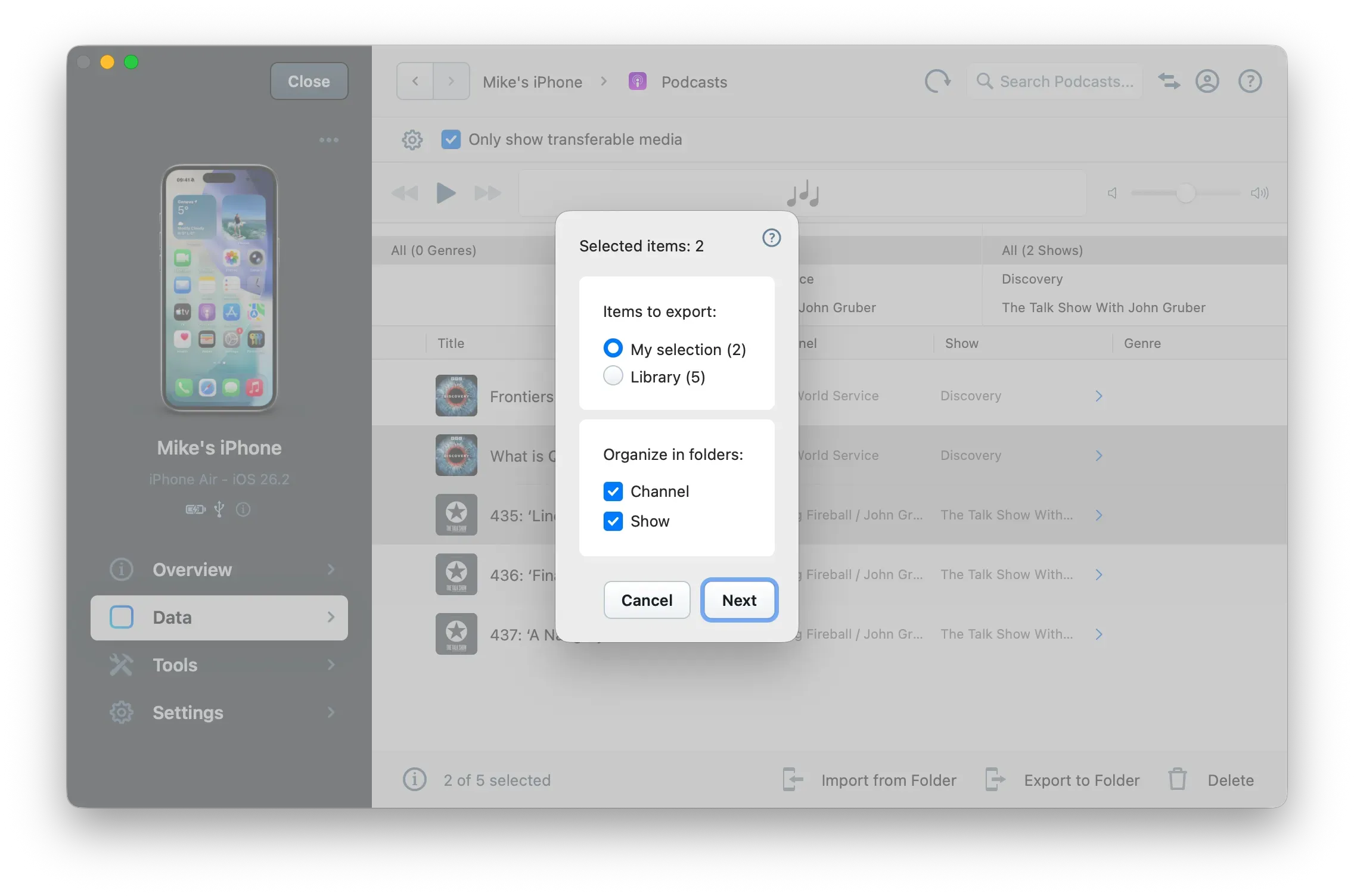 iMazing Podcasts View, Export Window