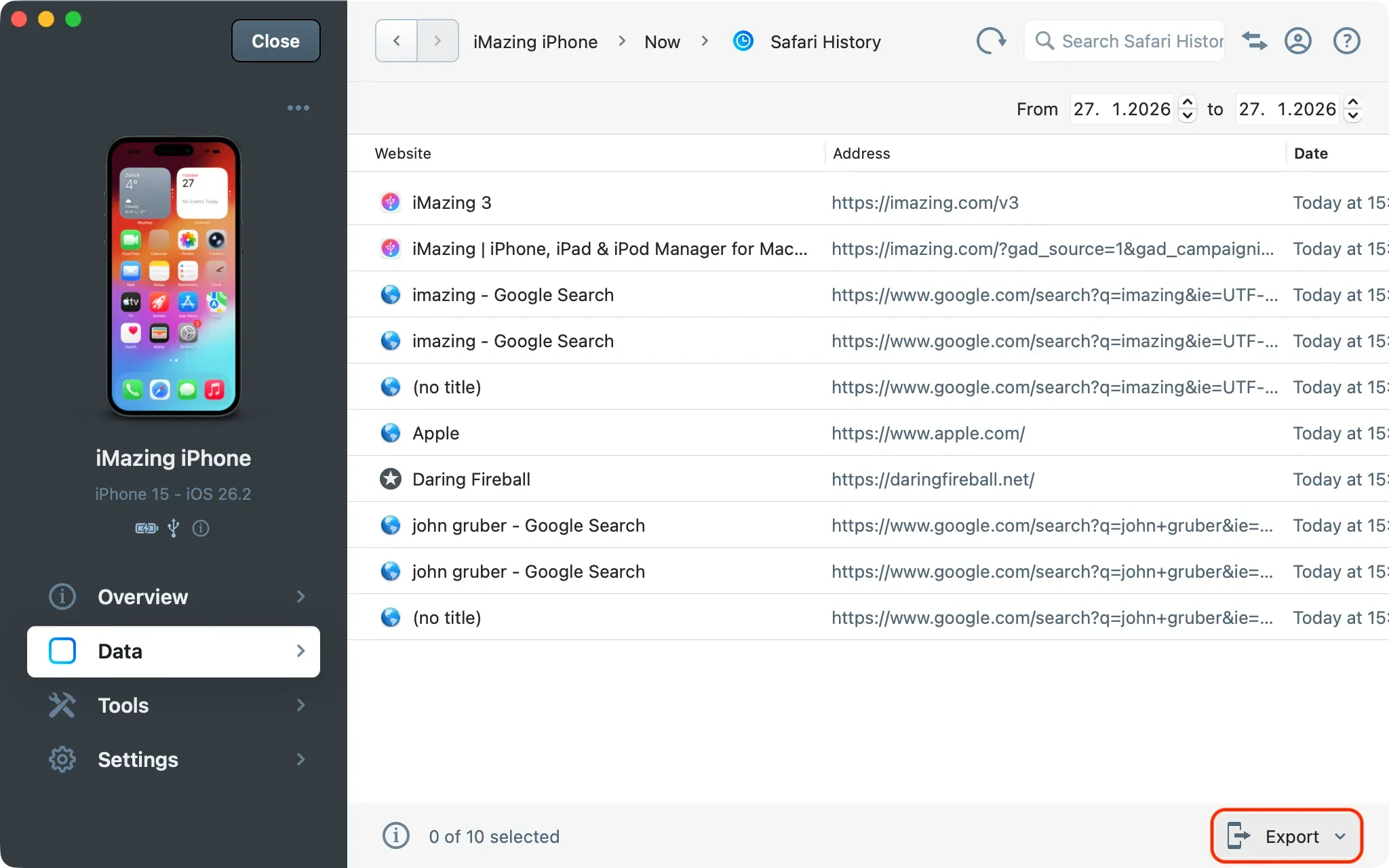 iMazing Safari History section