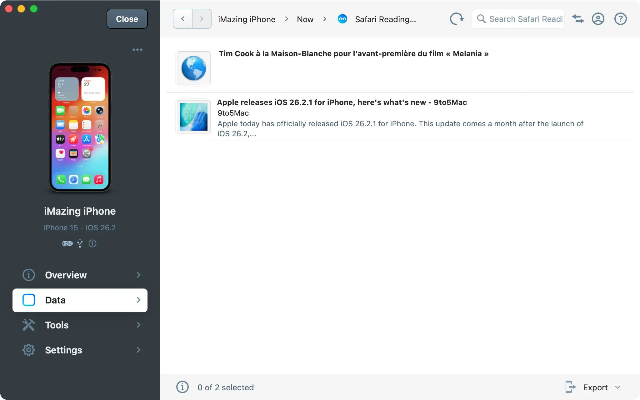 iMazing Safari reading list view