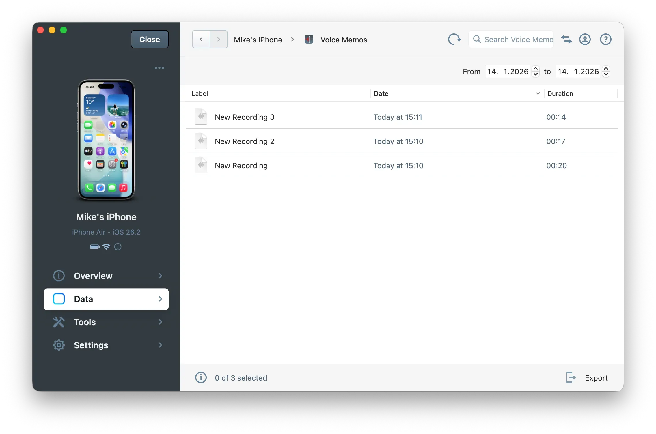 iMazing Voice Memos view