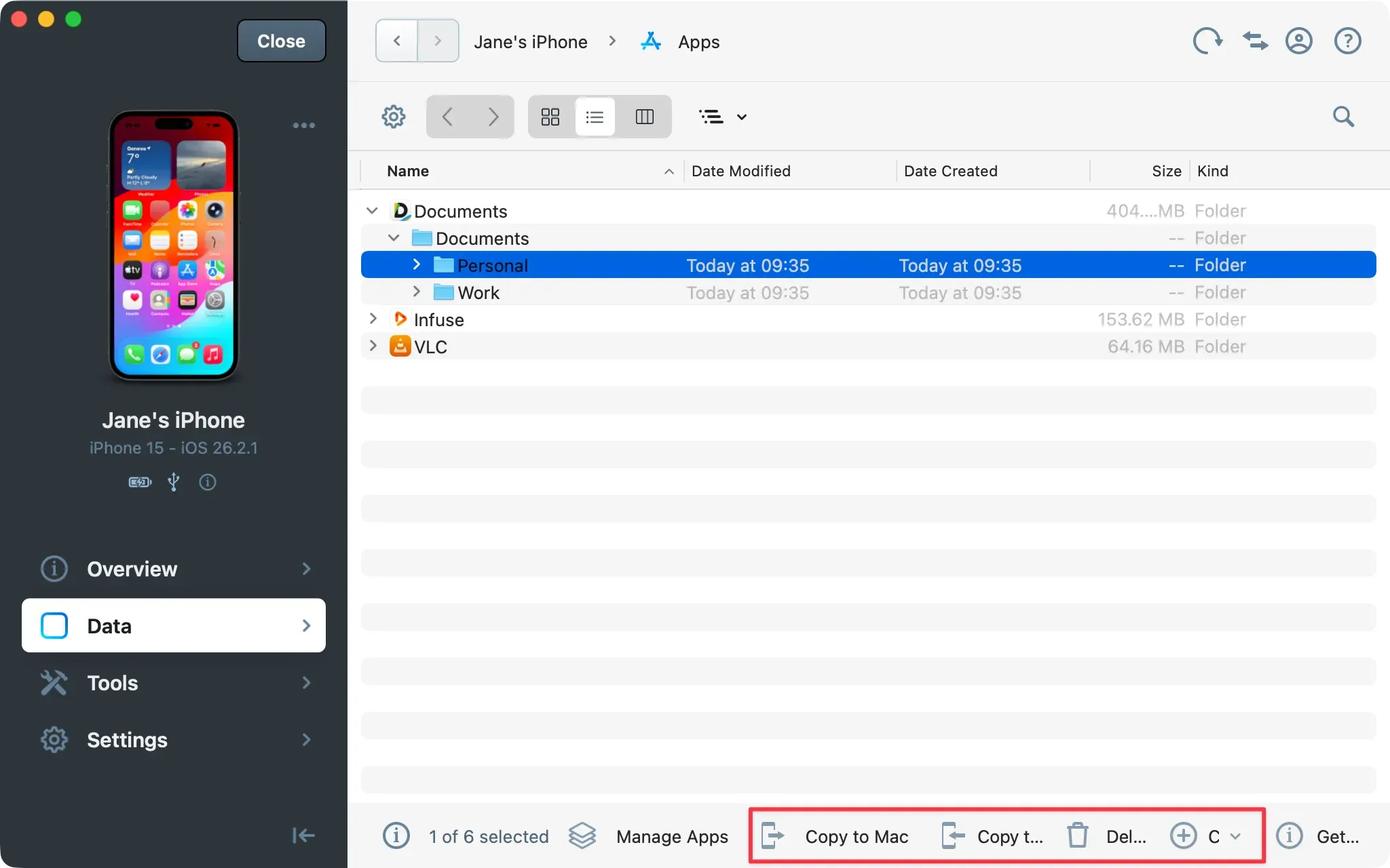 iMazing App view with Documents App and actions highlighted