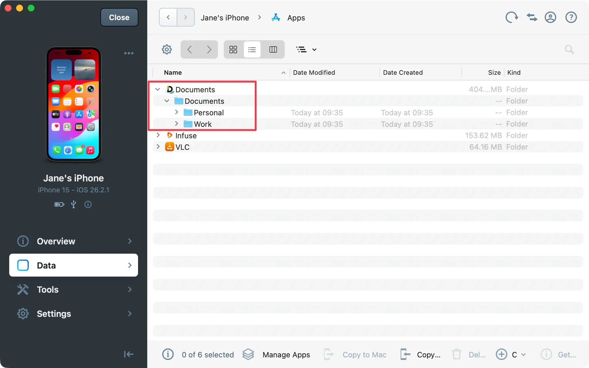 iMazing Apps view with one App and subfolder selected