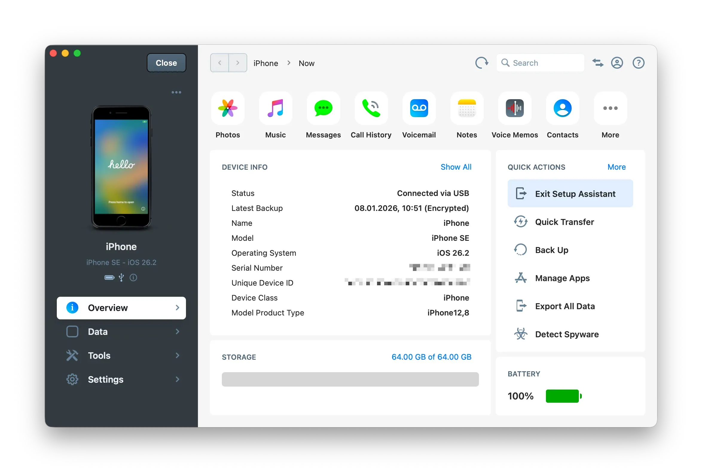 iMazing device view with exit setup assistant highlighted