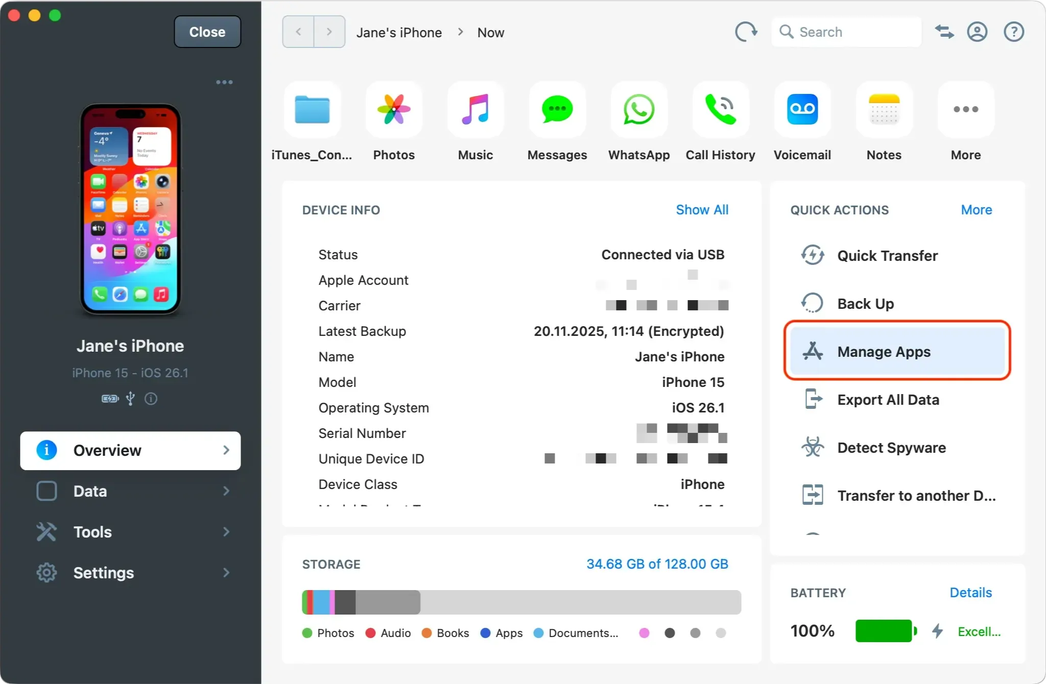 iMazing device overview, Manage Apps button highlighted