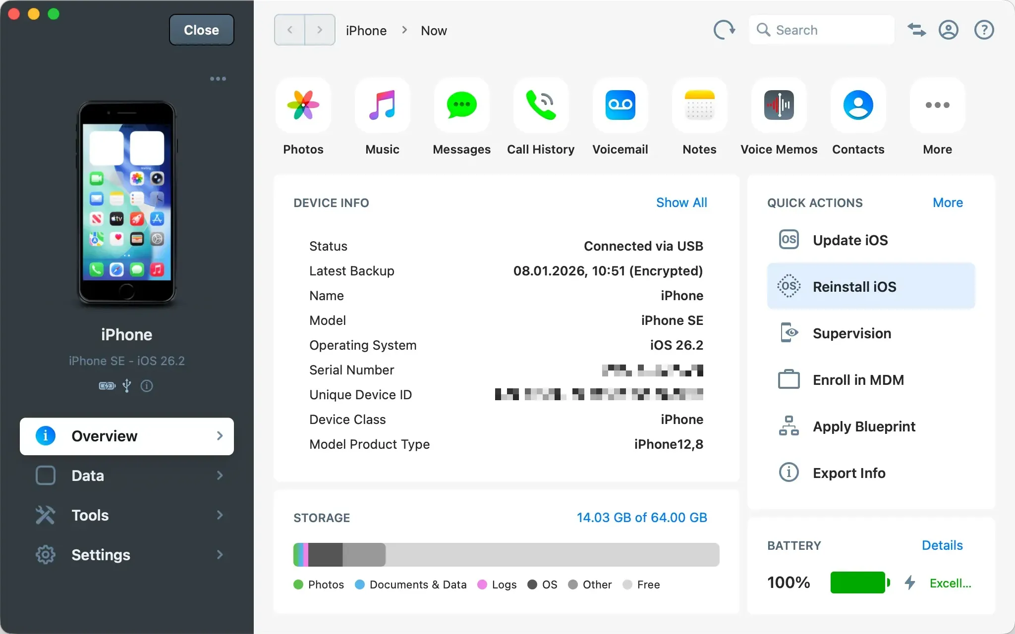 iMAzing device overview with reinstall option selected