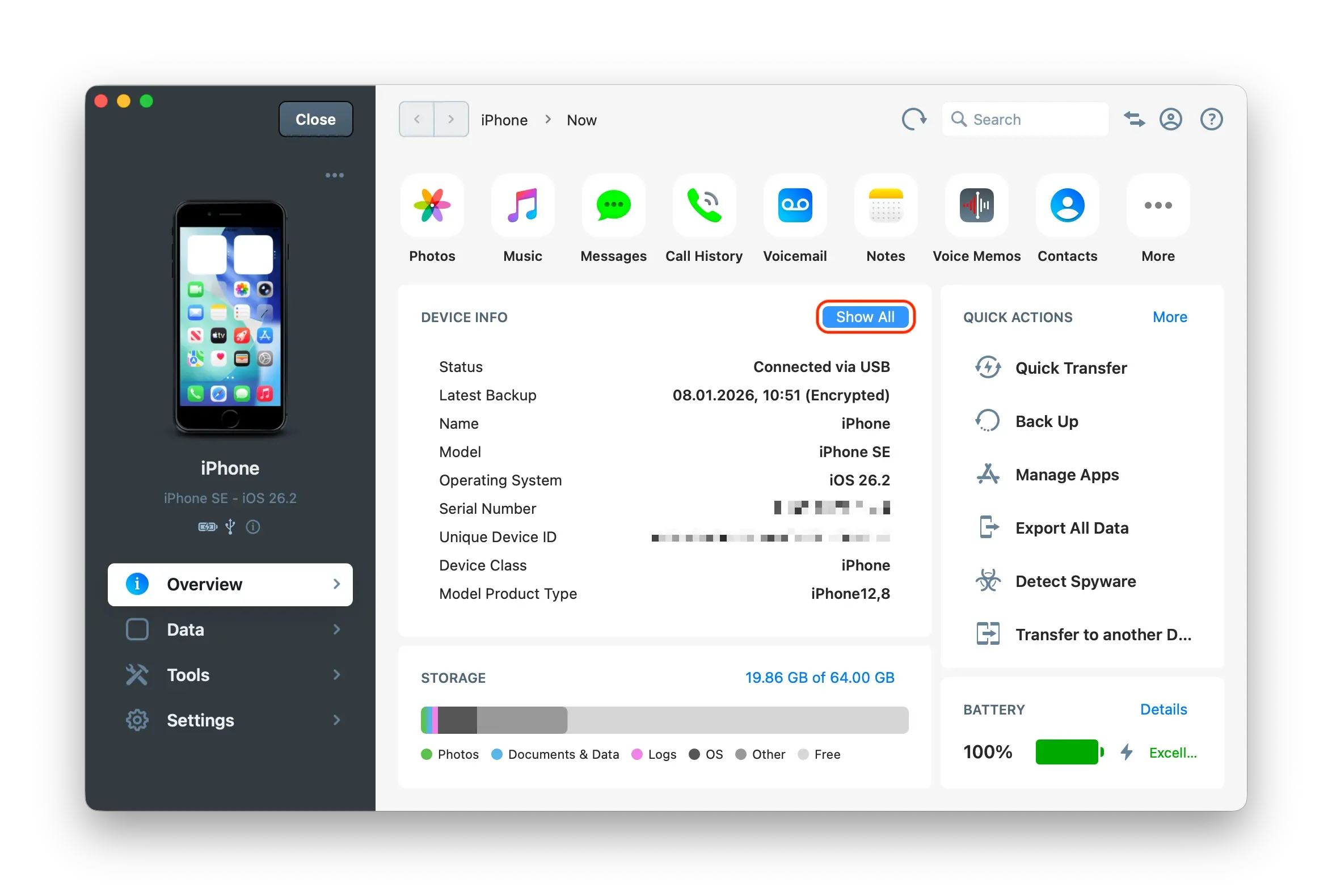 iMazing show device info highlighted