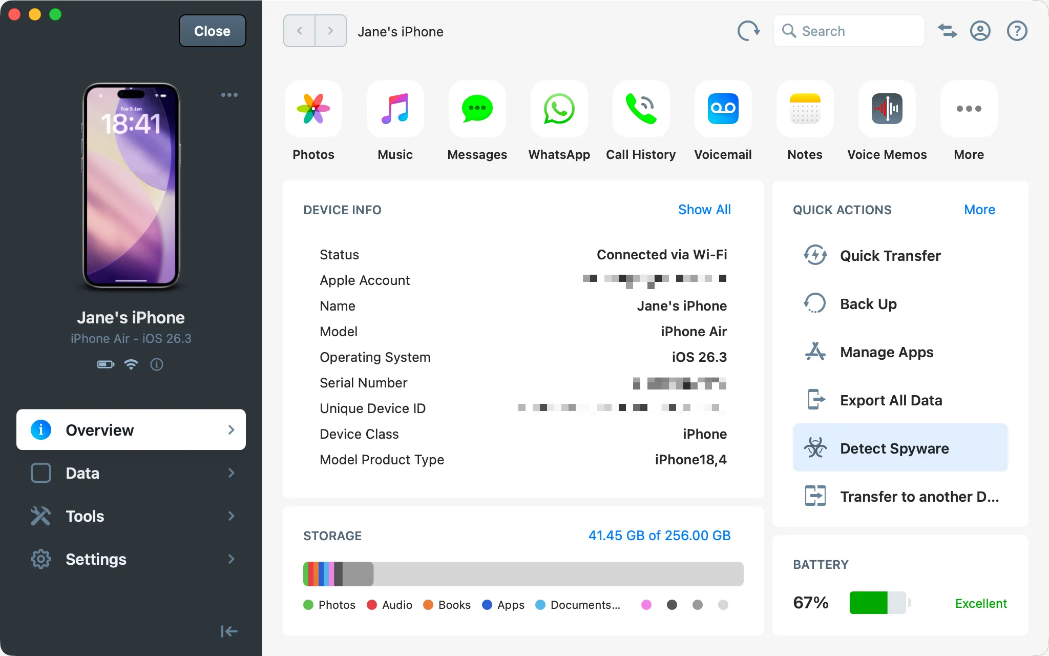 iMazing device overview with Spyware quick action selected
