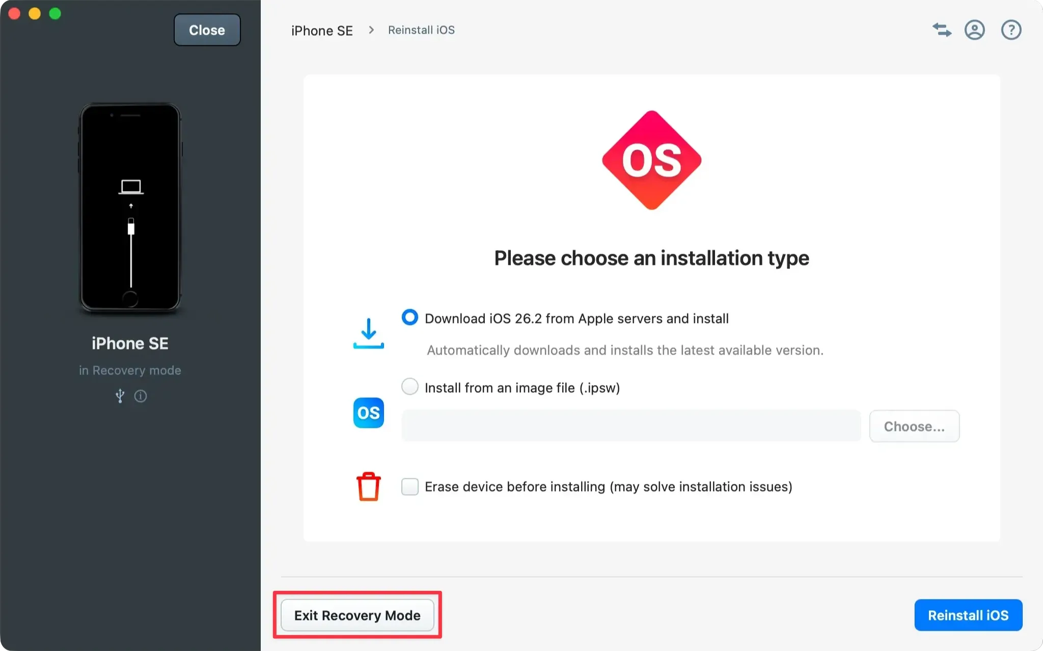 iMazing reinstall screen with Exit recovery mode highlighted